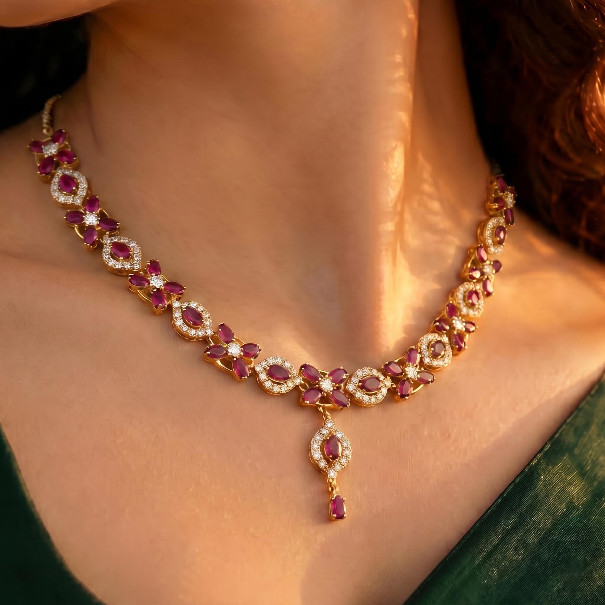 Lab-Grown Diamond and Ruby Necklace and Earring Set in 22K Yellow Gold – 4.87 Ct Diamonds thumbnail