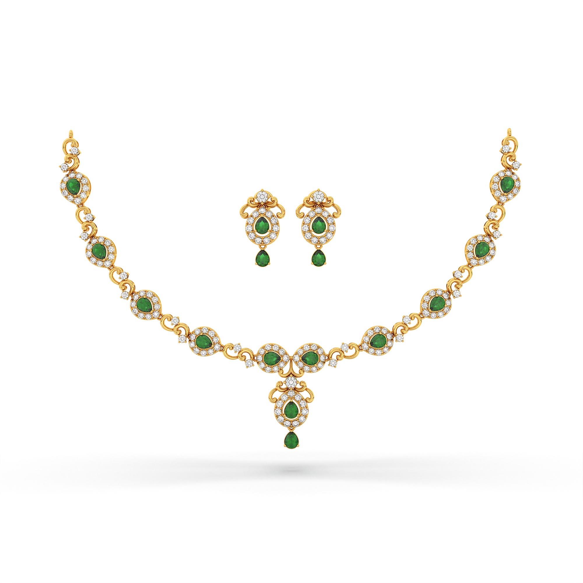 Lab-Grown Diamond and Emerald Necklace and Earring Set in 22K Yellow Gold – 4.97 Ct Diamonds thumbnail
