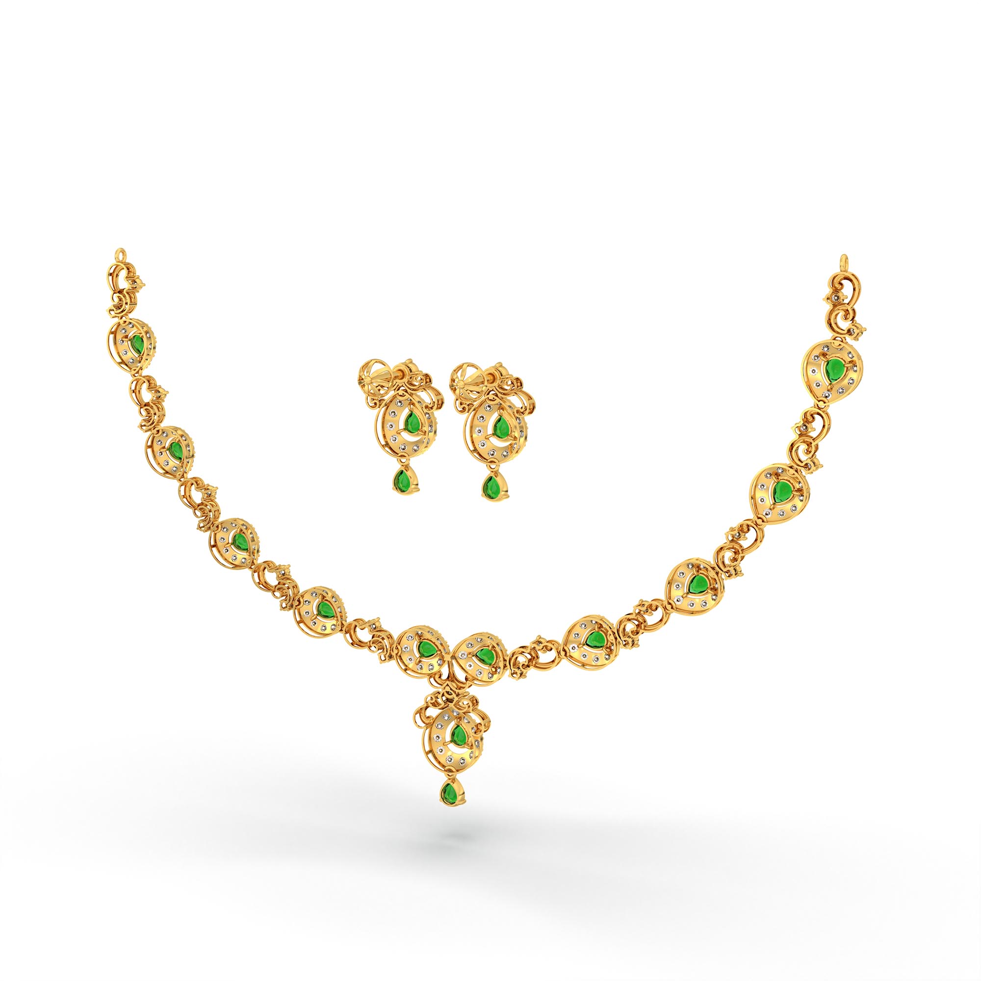 Lab-Grown Diamond and Emerald Necklace and Earring Set in 22K Yellow Gold – 4.97 Ct Diamonds thumbnail