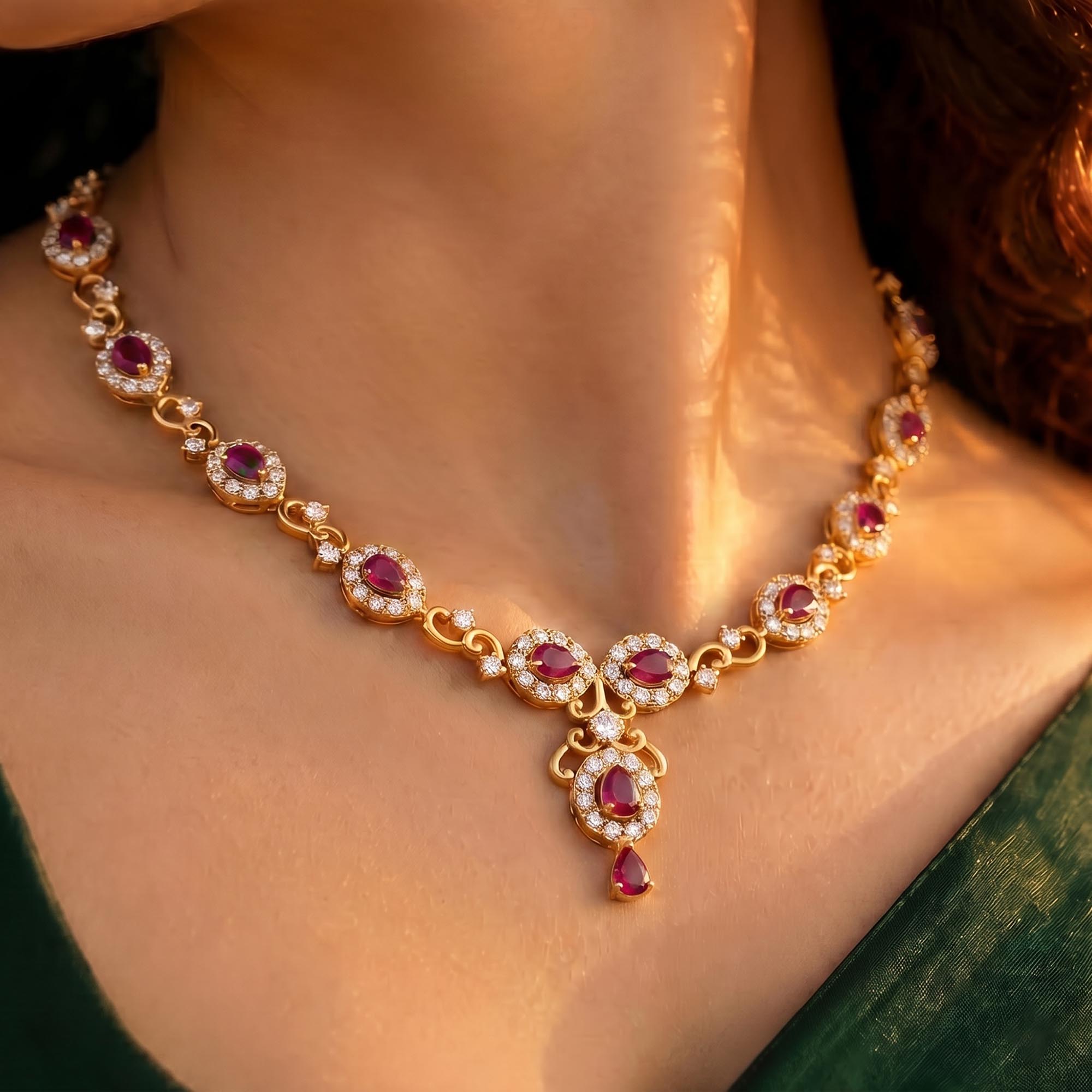 Lab-Grown Diamond and Ruby Necklace and Earring Set in 22K Yellow Gold – 4.97 Ct Diamonds thumbnail