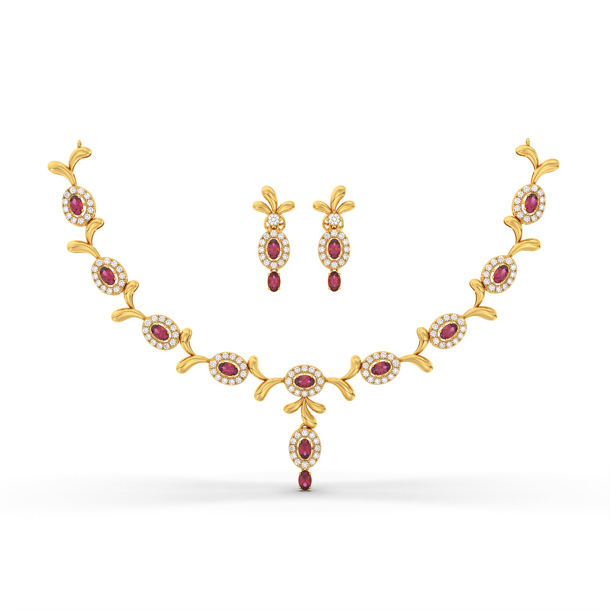 Lab-Grown Diamond and Ruby Necklace and Earring Set in 22K Yellow Gold – 4.11 Ct Diamonds thumbnail
