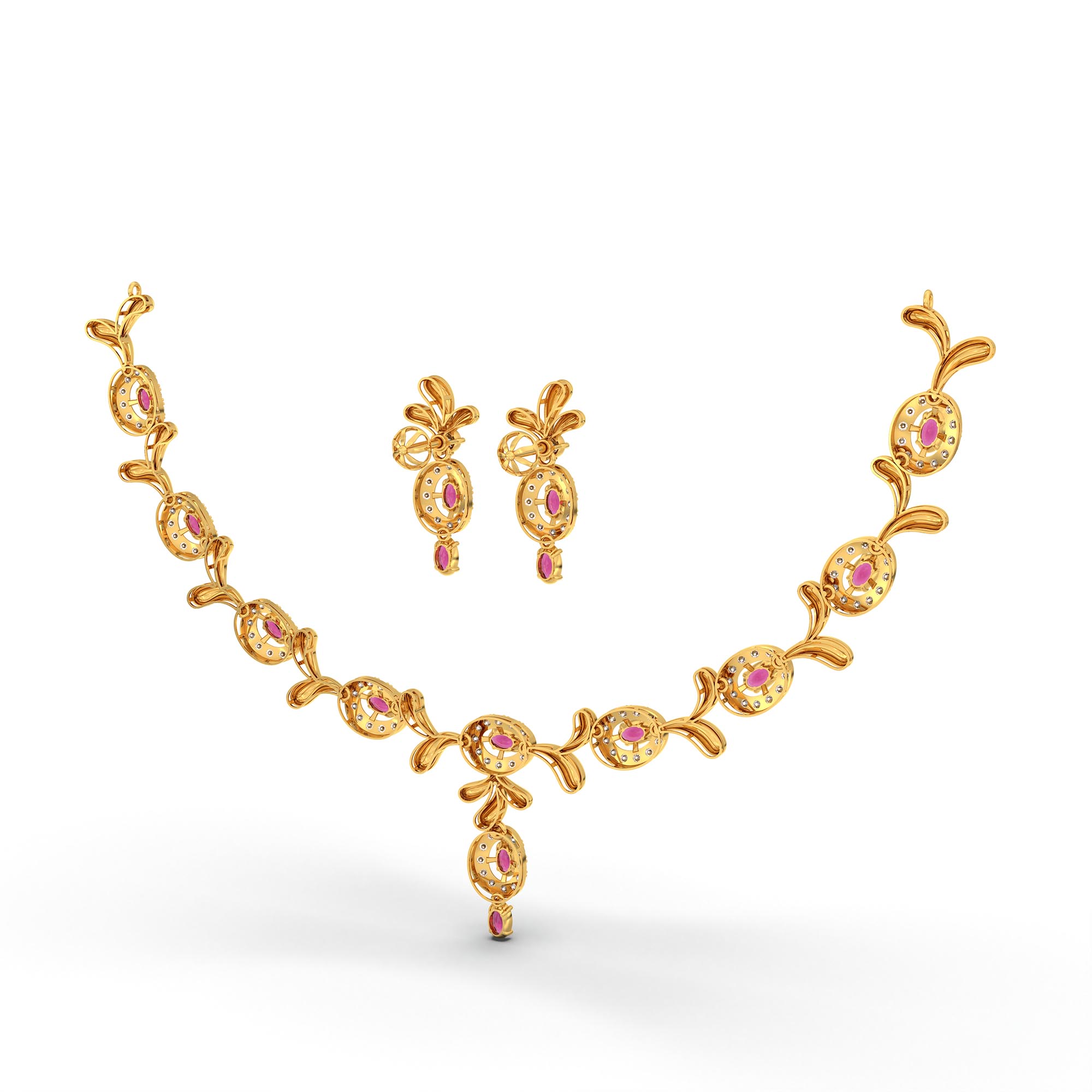 Lab-Grown Diamond and Ruby Necklace and Earring Set in 22K Yellow Gold – 4.11 Ct Diamonds thumbnail