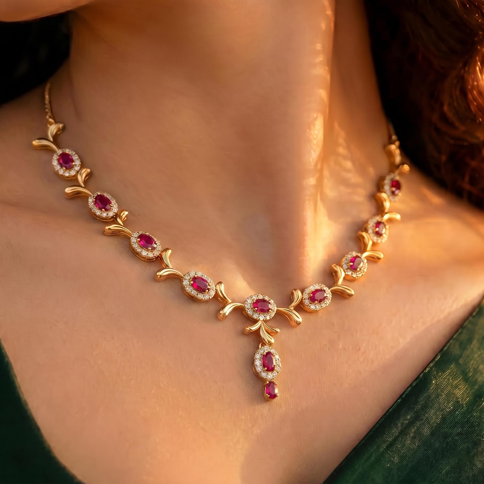 Lab-Grown Diamond and Ruby Necklace and Earring Set in 22K Yellow Gold – 4.11 Ct Diamonds thumbnail