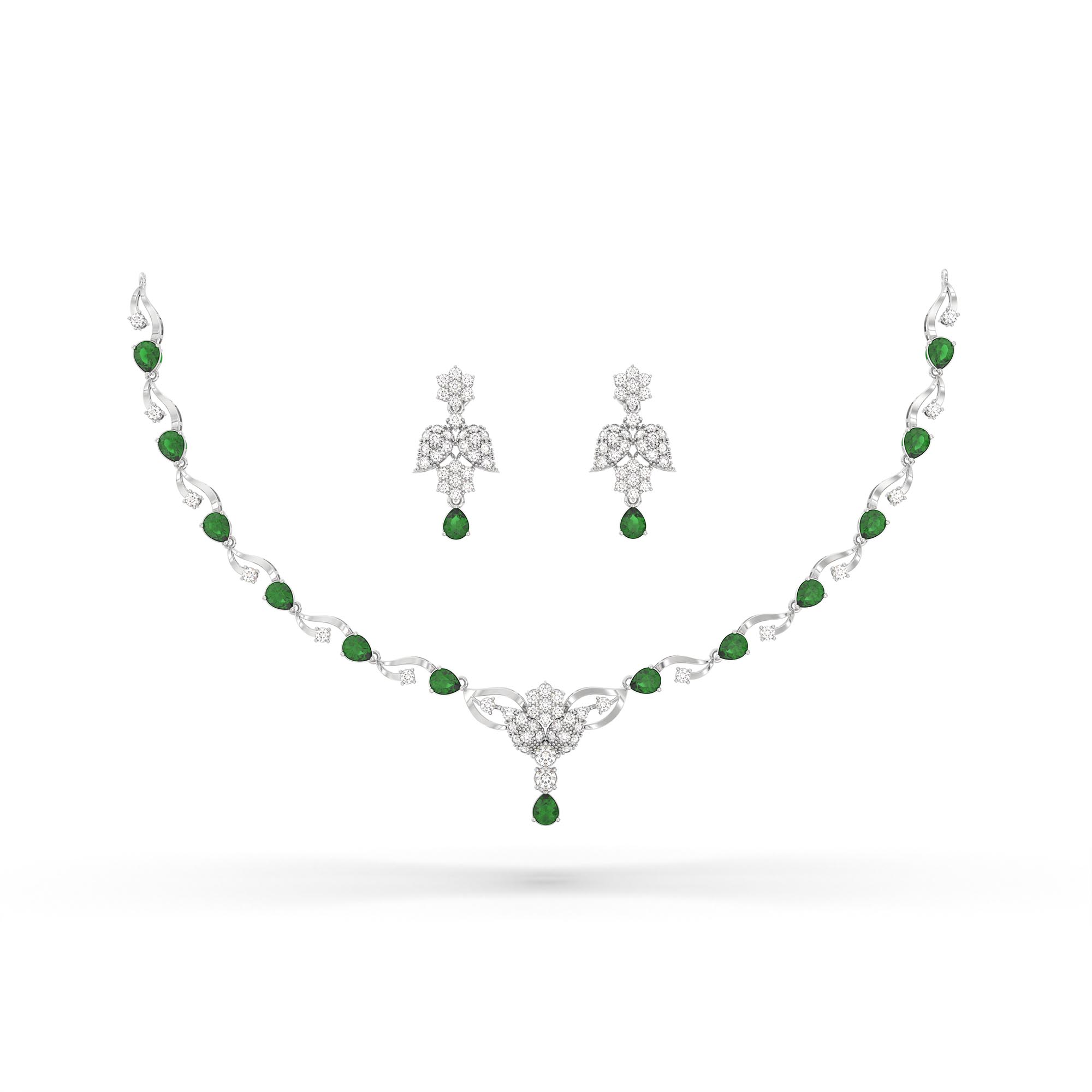 Lab-Grown Diamond and Emerald Necklace and Earring Set in 18K White Gold – 3.03 Ct Diamonds thumbnail