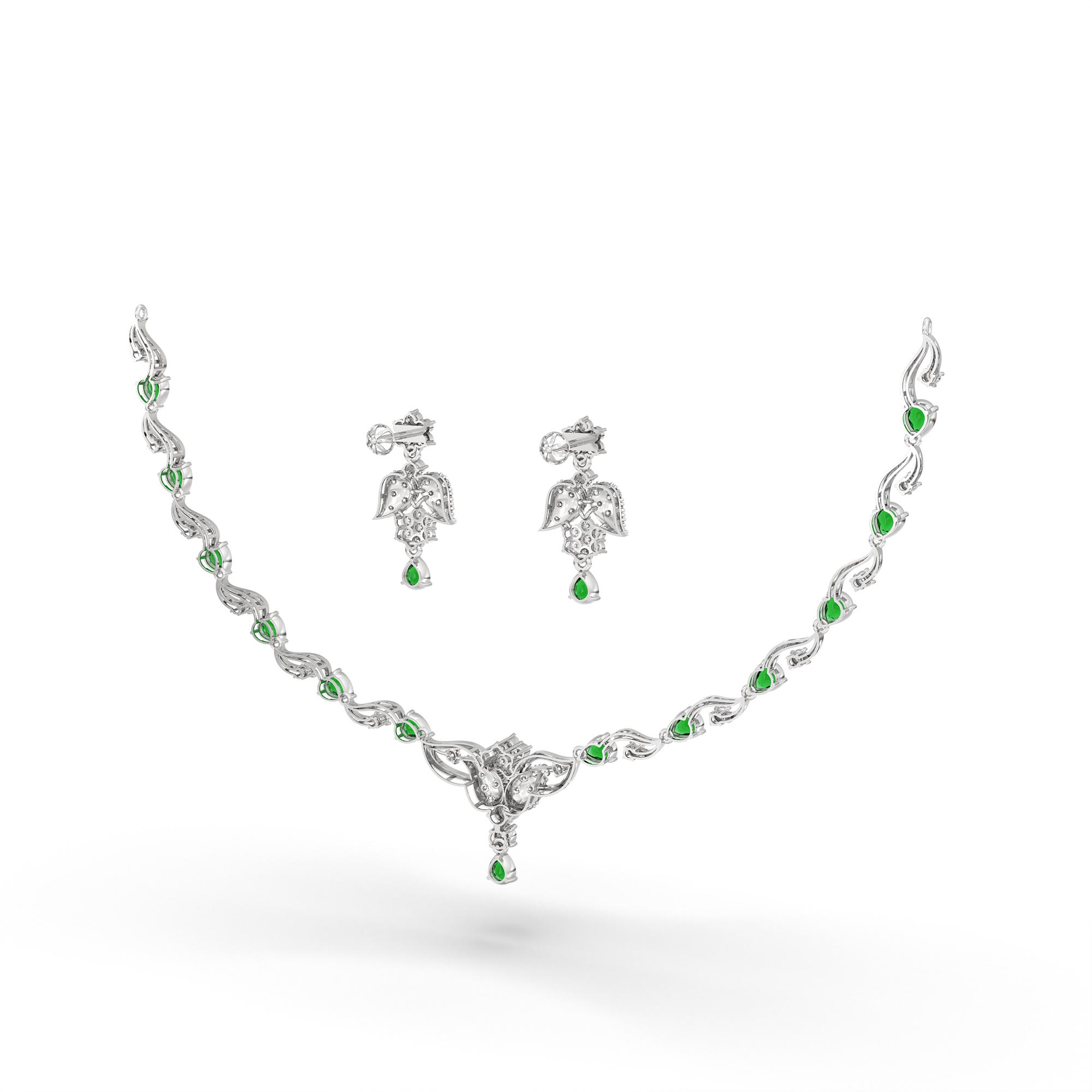 Lab-Grown Diamond and Emerald Necklace and Earring Set in 18K White Gold – 3.03 Ct Diamonds thumbnail