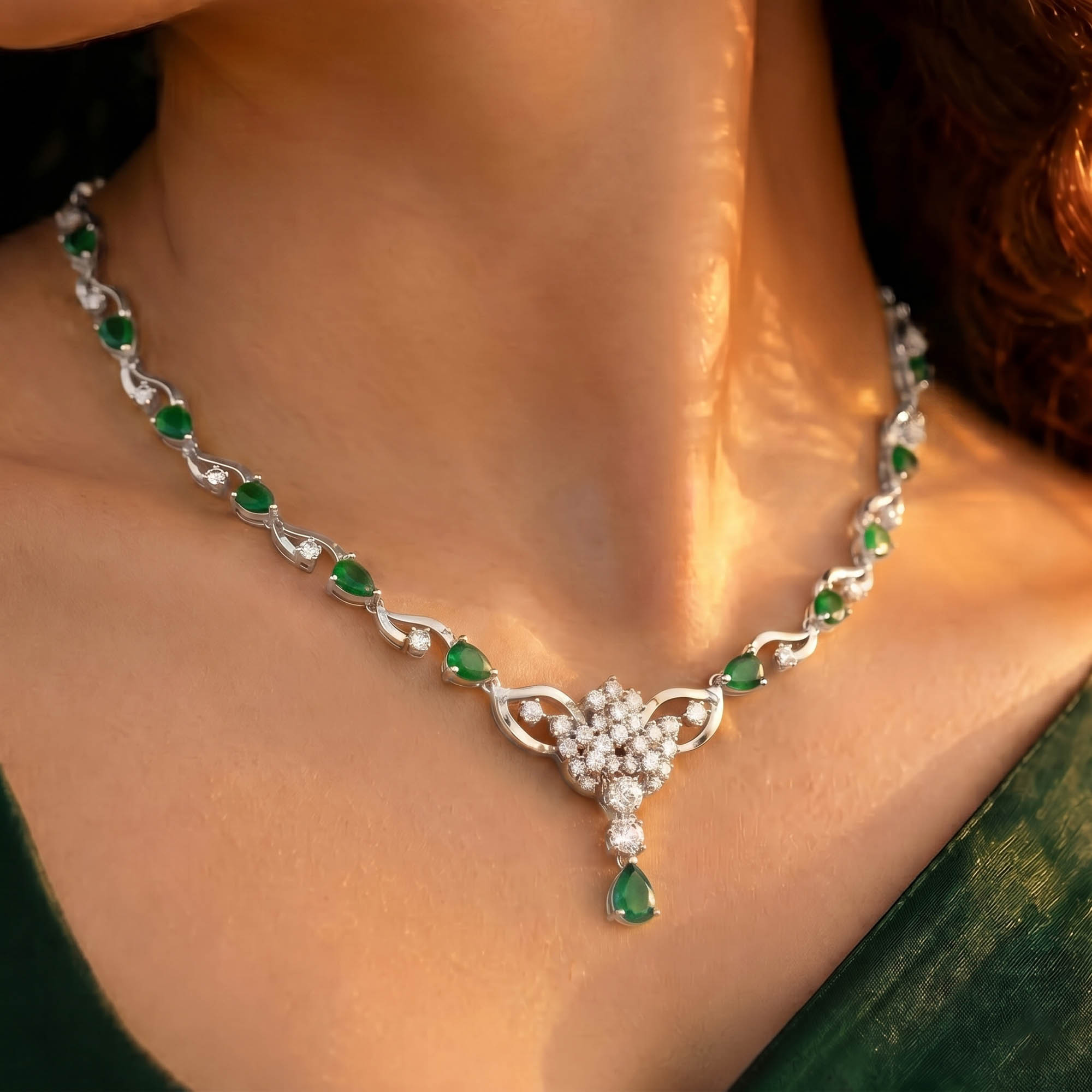 Lab-Grown Diamond and Emerald Necklace and Earring Set in 18K White Gold – 3.03 Ct Diamonds thumbnail