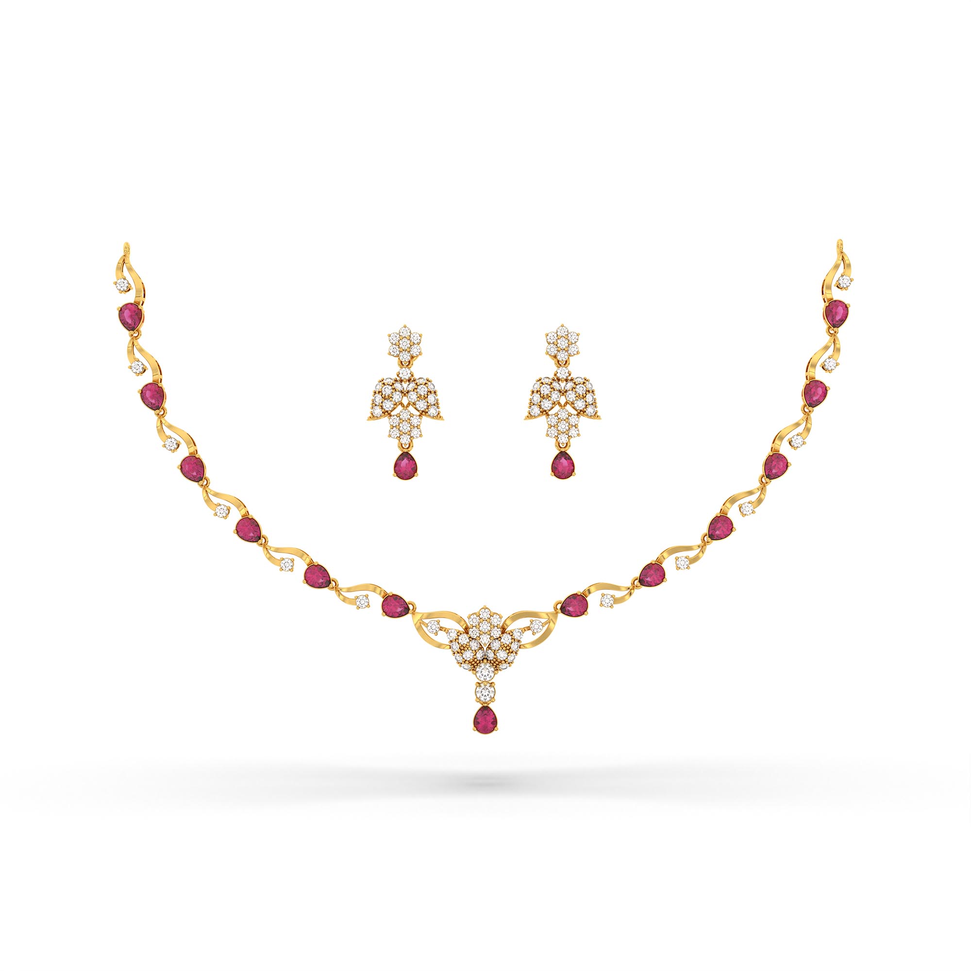 Lab-Grown Diamond and Ruby Necklace and Earring Set in 22K Yellow Gold – 3.07 Ct Diamonds thumbnail