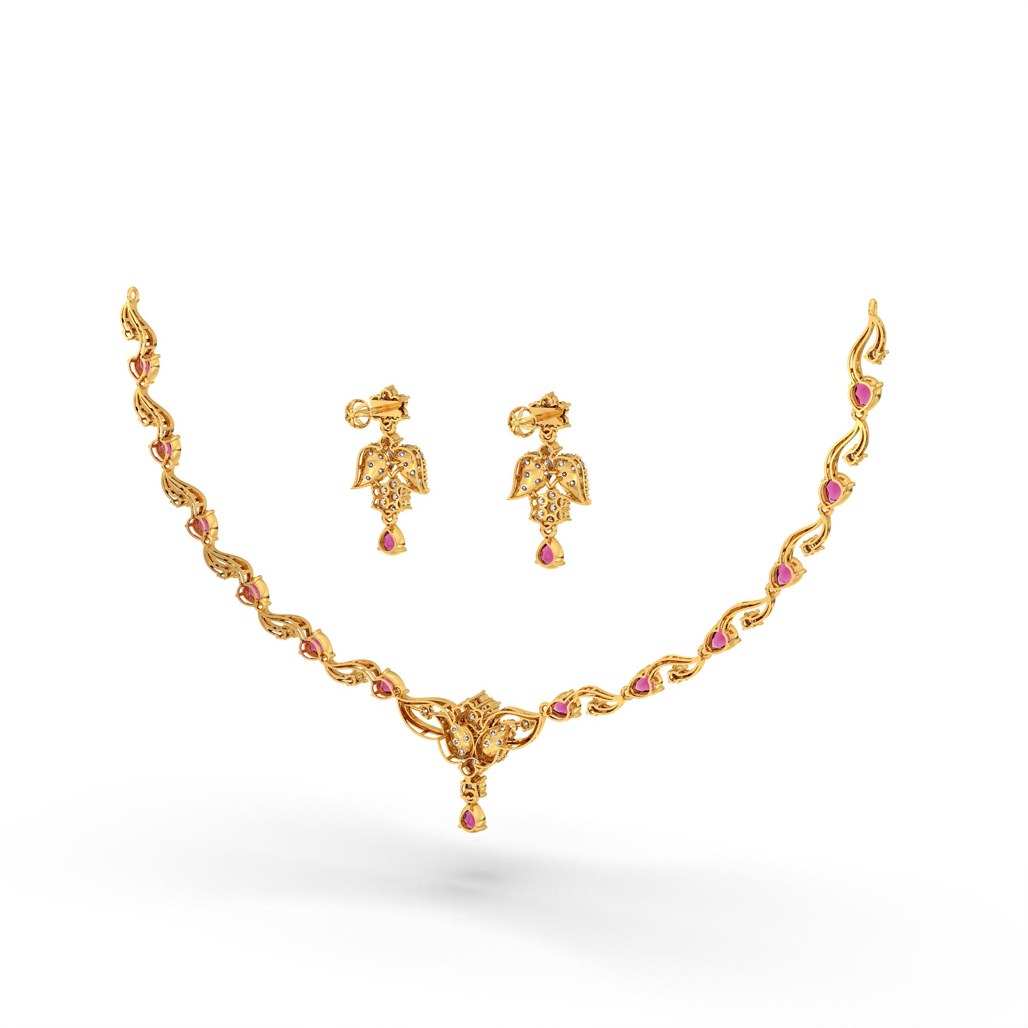 Lab-Grown Diamond and Ruby Necklace and Earring Set in 22K Yellow Gold – 3.07 Ct Diamonds thumbnail