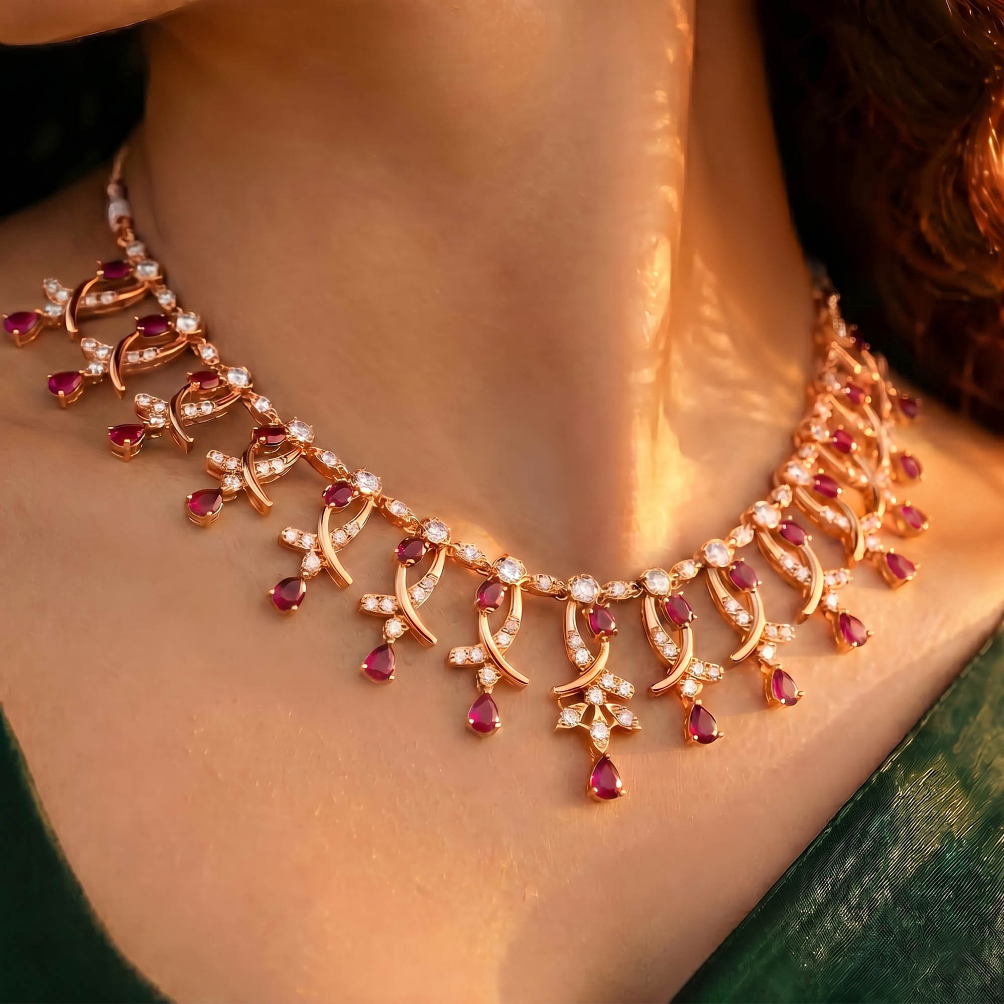 Lab-Grown Diamond and Ruby Necklace and Earring Set in 18K Rose Gold – 6.66 Ct Diamonds thumbnail