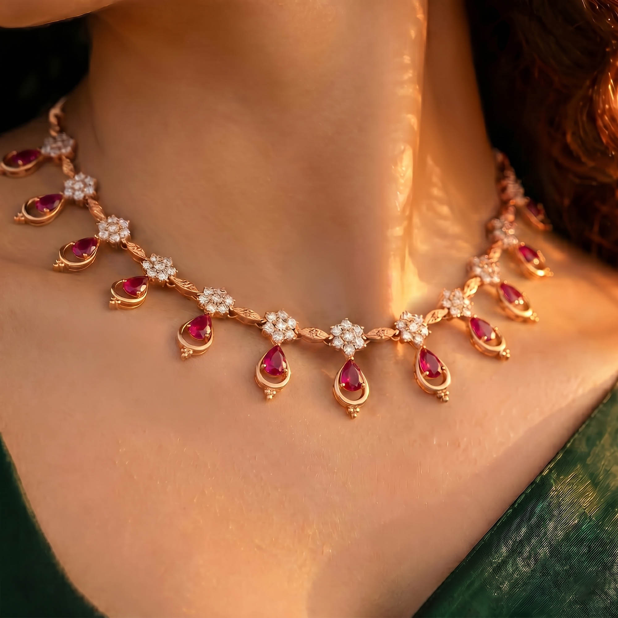 Lab-Grown Diamond and Ruby Necklace and Earring Set in 18K Rose Gold – 4.17 Ct Diamonds thumbnail