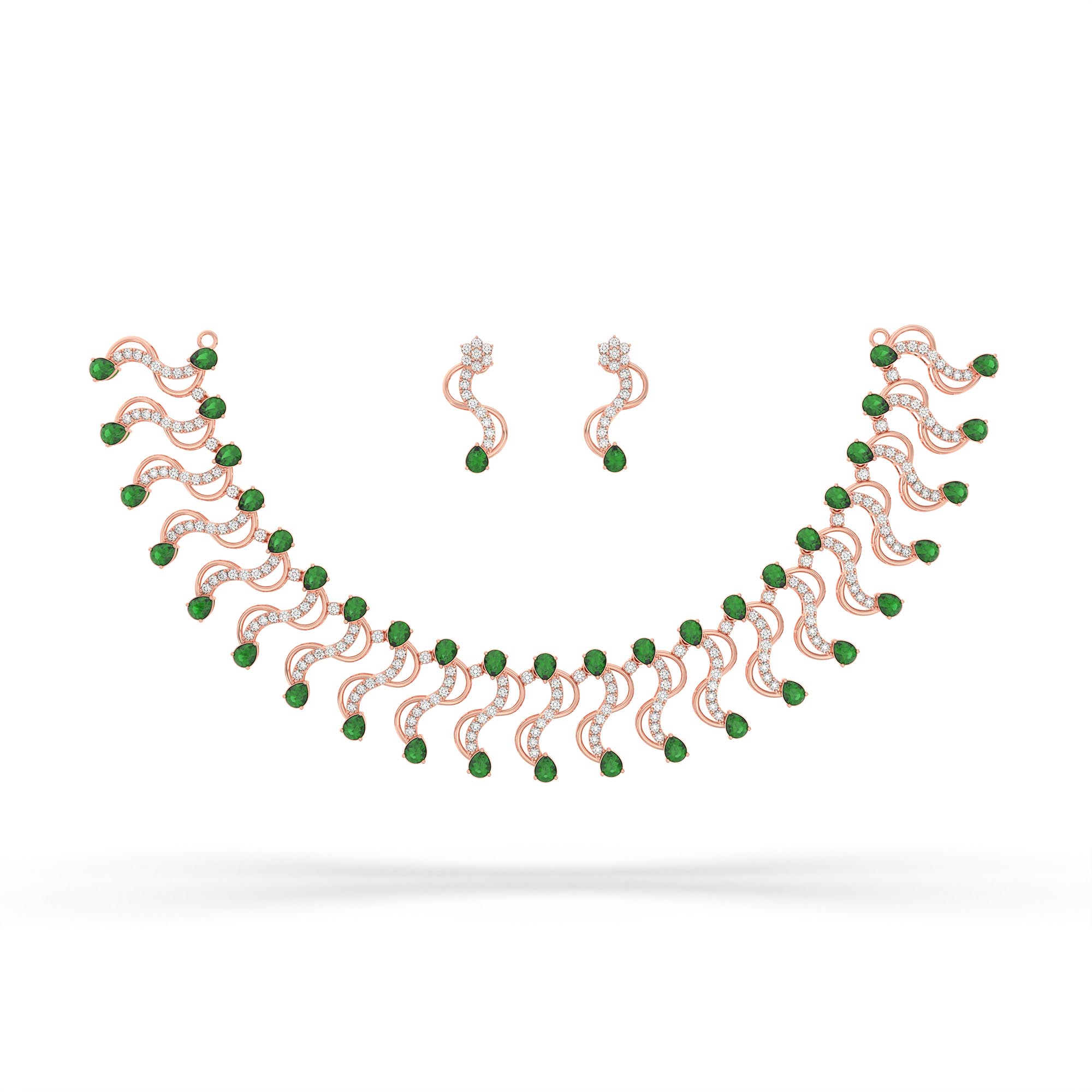 Lab-Grown Diamond and Emerald Necklace and Earring Set in 18K Rose Gold – 6.05 Ct Diamonds thumbnail