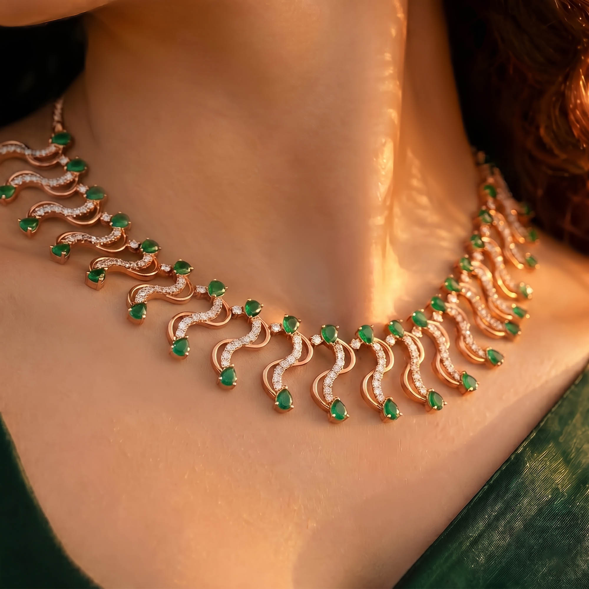 Lab-Grown Diamond and Emerald Necklace and Earring Set in 18K Rose Gold – 6.05 Ct Diamonds thumbnail