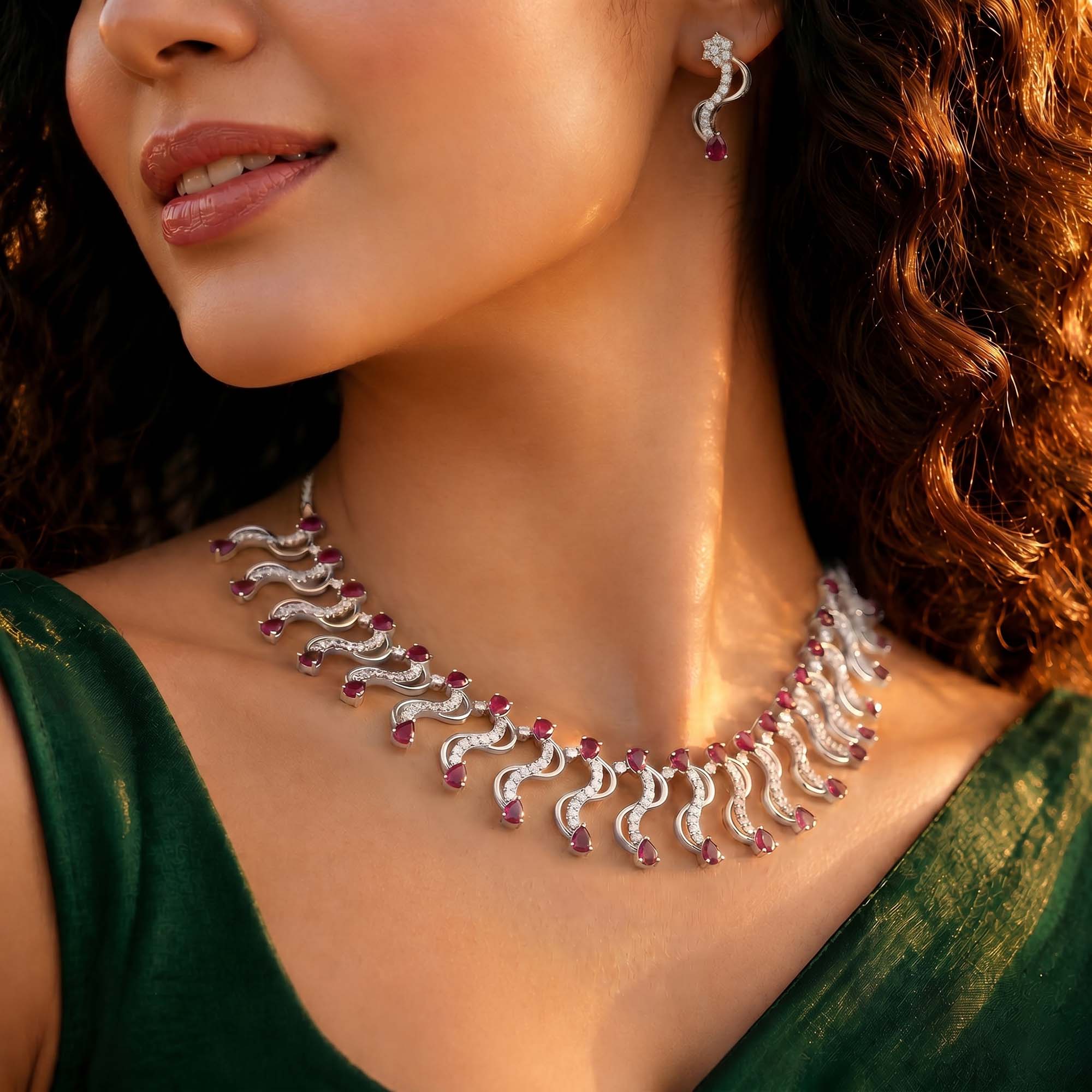 Lab-Grown Diamond and Ruby Necklace and Earring Set in 18K White Gold – 6.05 Ct Diamonds thumbnail