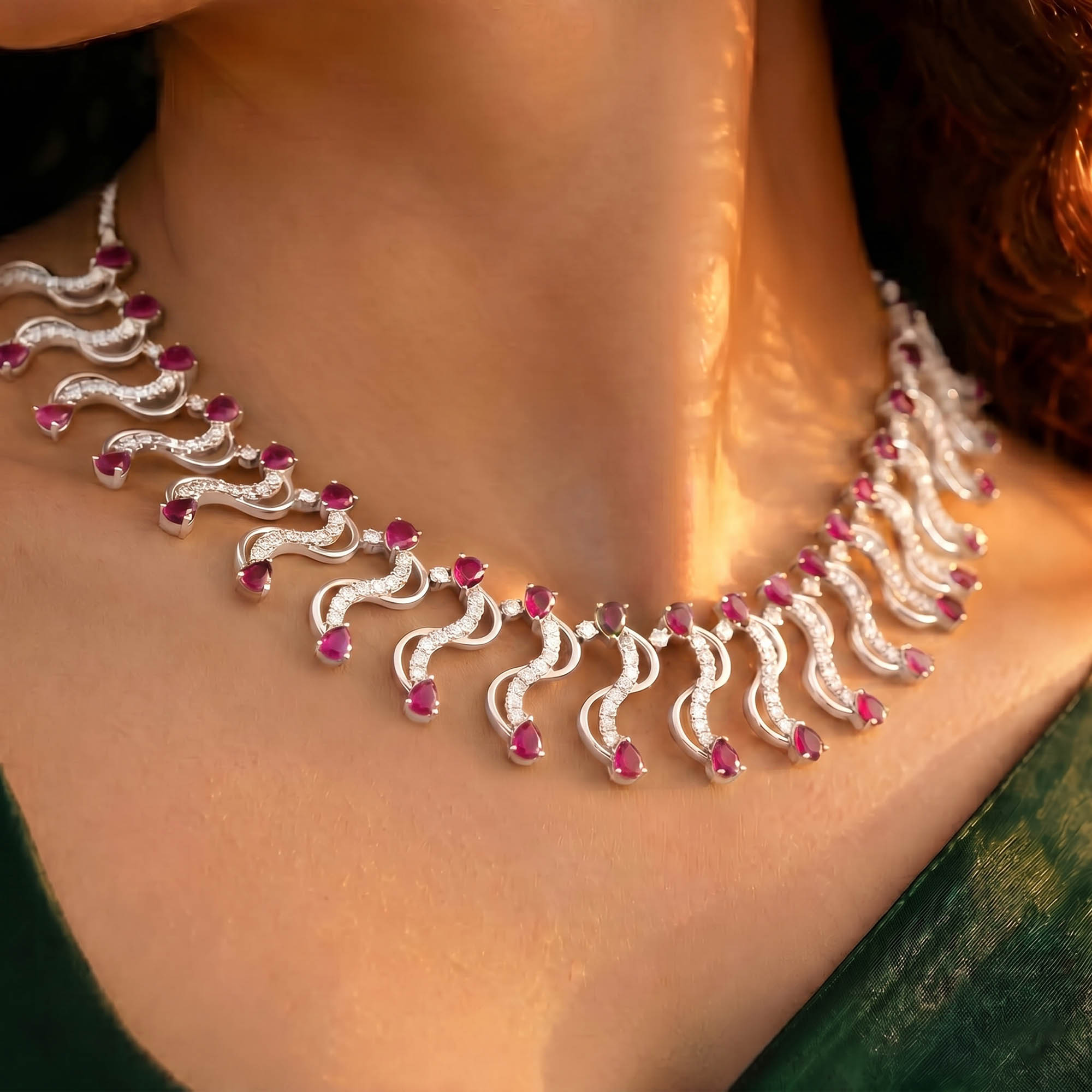 Lab-Grown Diamond and Ruby Necklace and Earring Set in 18K White Gold – 6.05 Ct Diamonds thumbnail