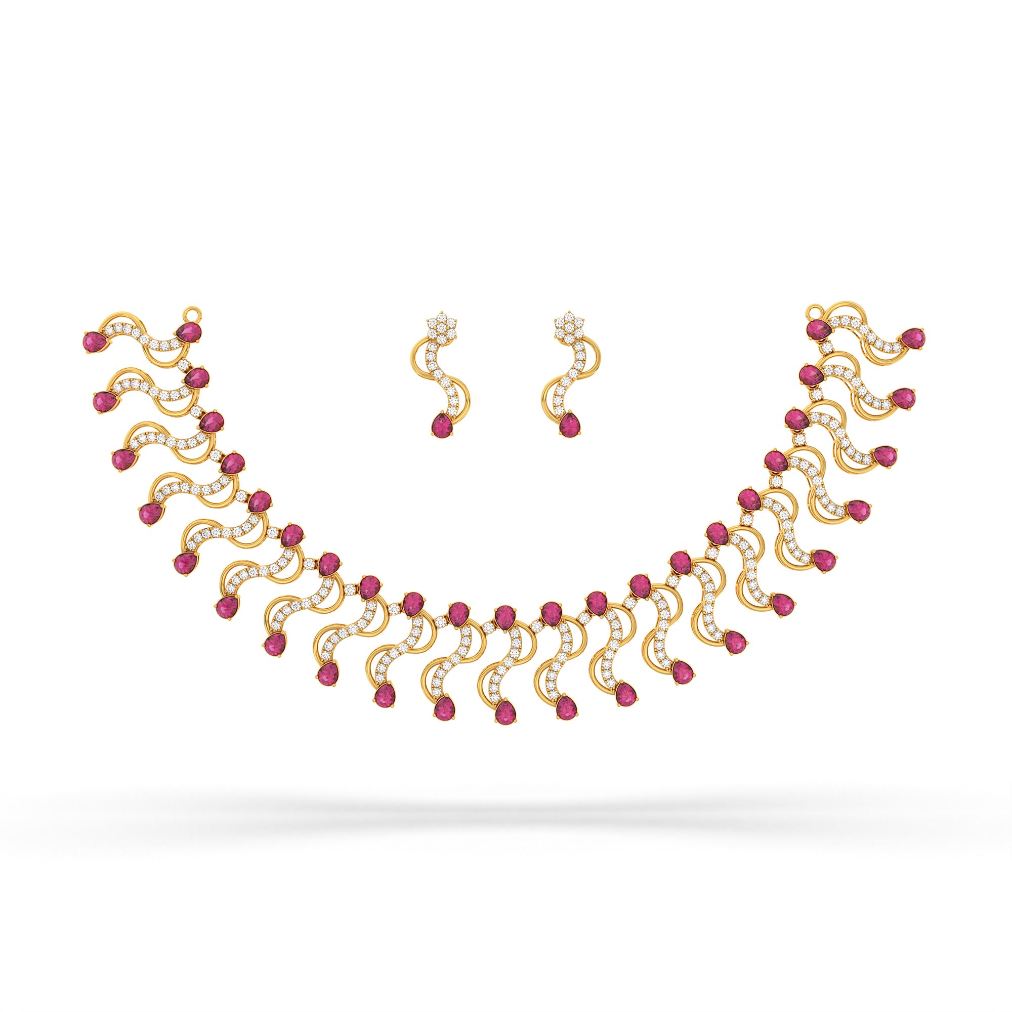Lab-Grown Diamond and Ruby Necklace and Earring Set in 22K Yellow Gold – 6.05 Ct Diamonds thumbnail