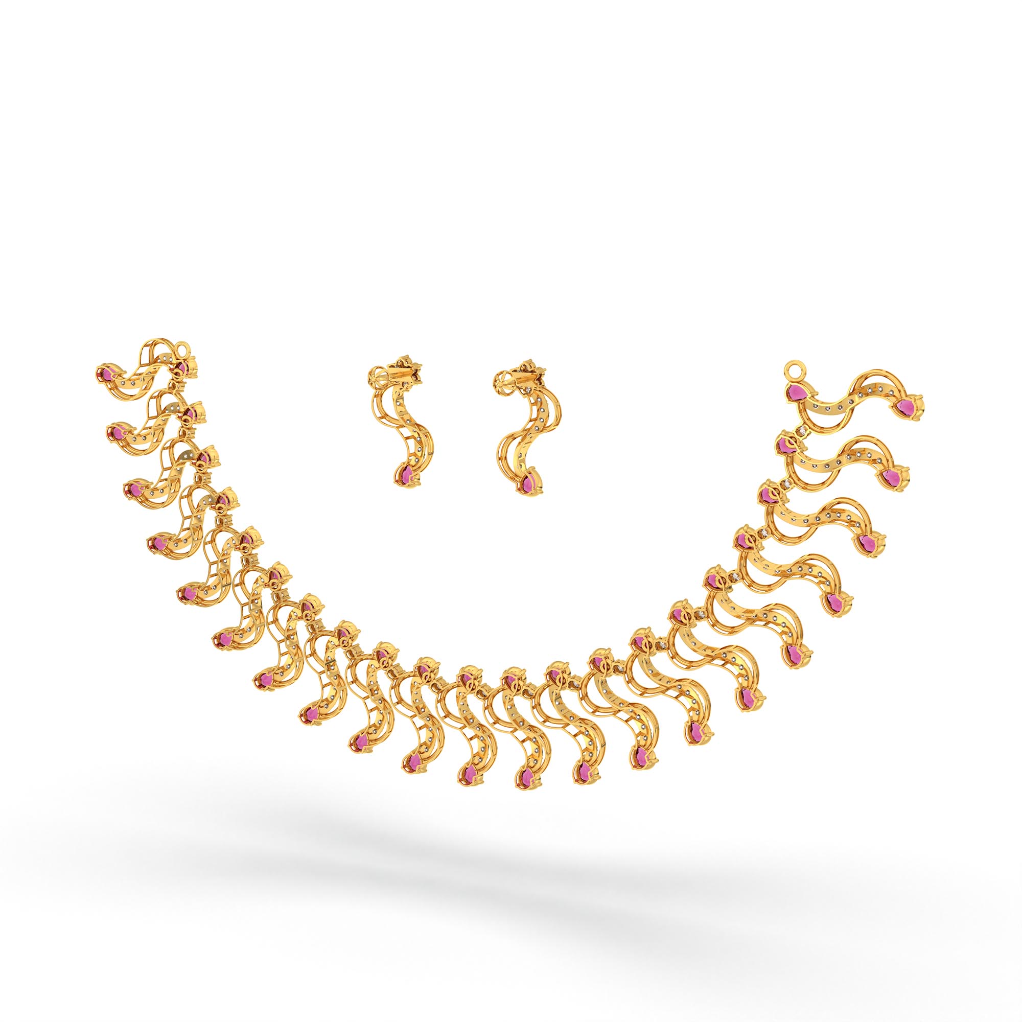 Lab-Grown Diamond and Ruby Necklace and Earring Set in 22K Yellow Gold – 6.05 Ct Diamonds thumbnail
