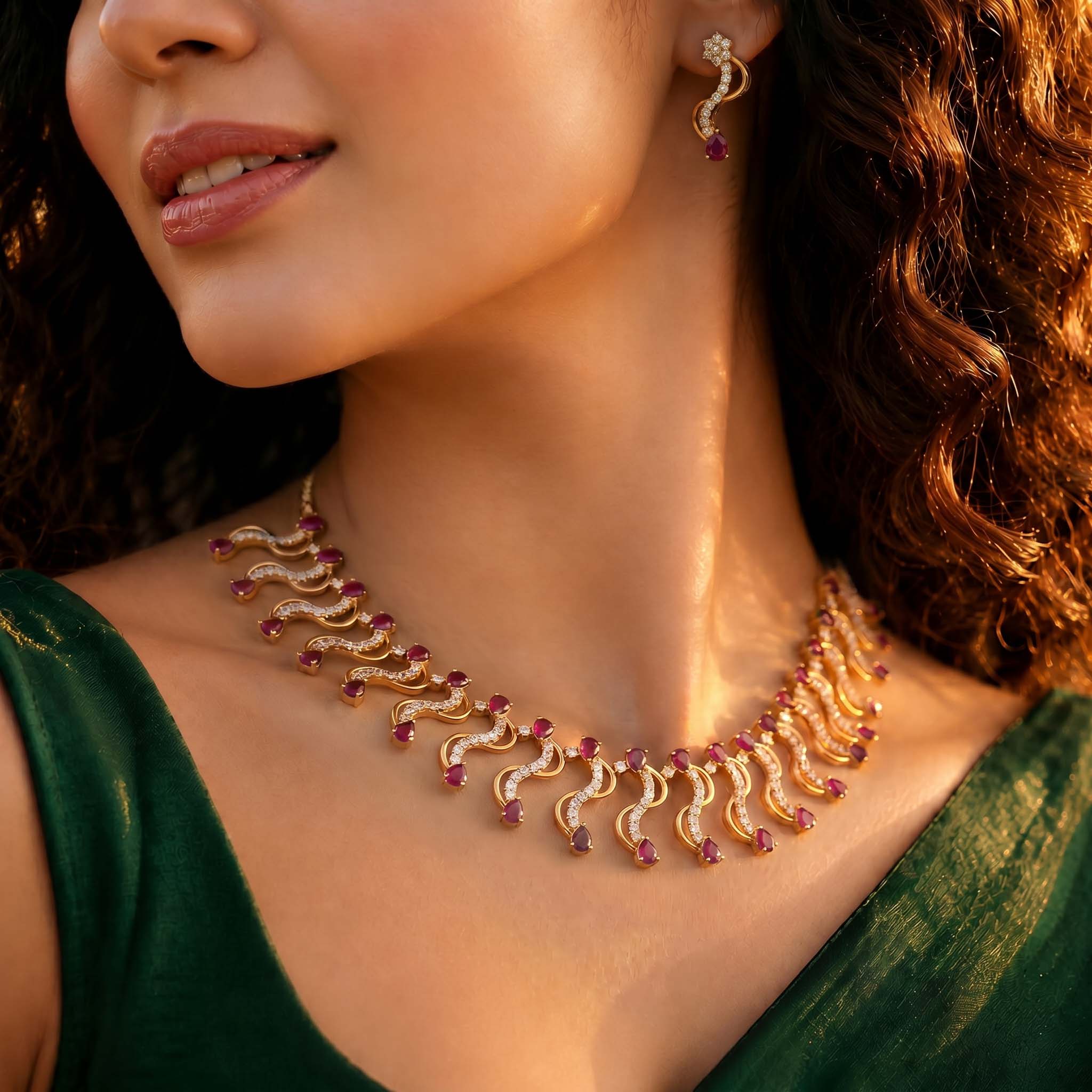 Lab-Grown Diamond and Ruby Necklace and Earring Set in 22K Yellow Gold – 6.05 Ct Diamonds thumbnail