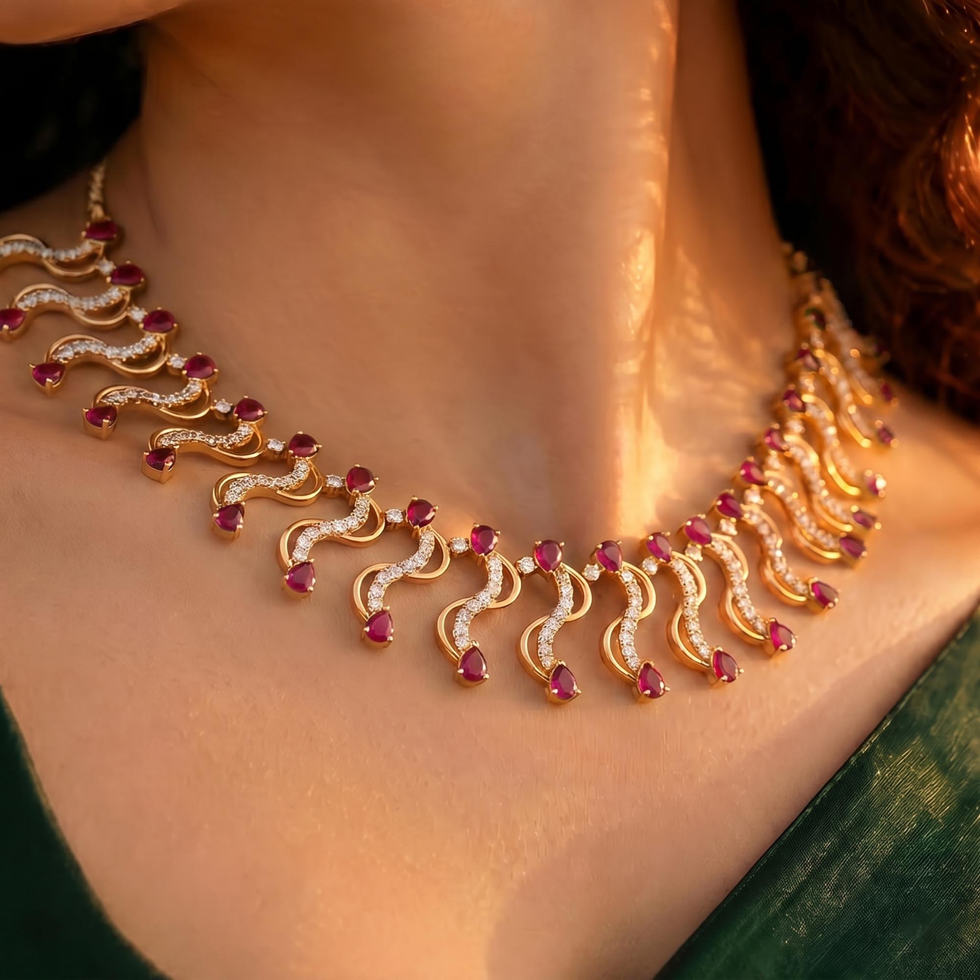 Lab-Grown Diamond and Ruby Necklace and Earring Set in 22K Yellow Gold – 6.05 Ct Diamonds thumbnail
