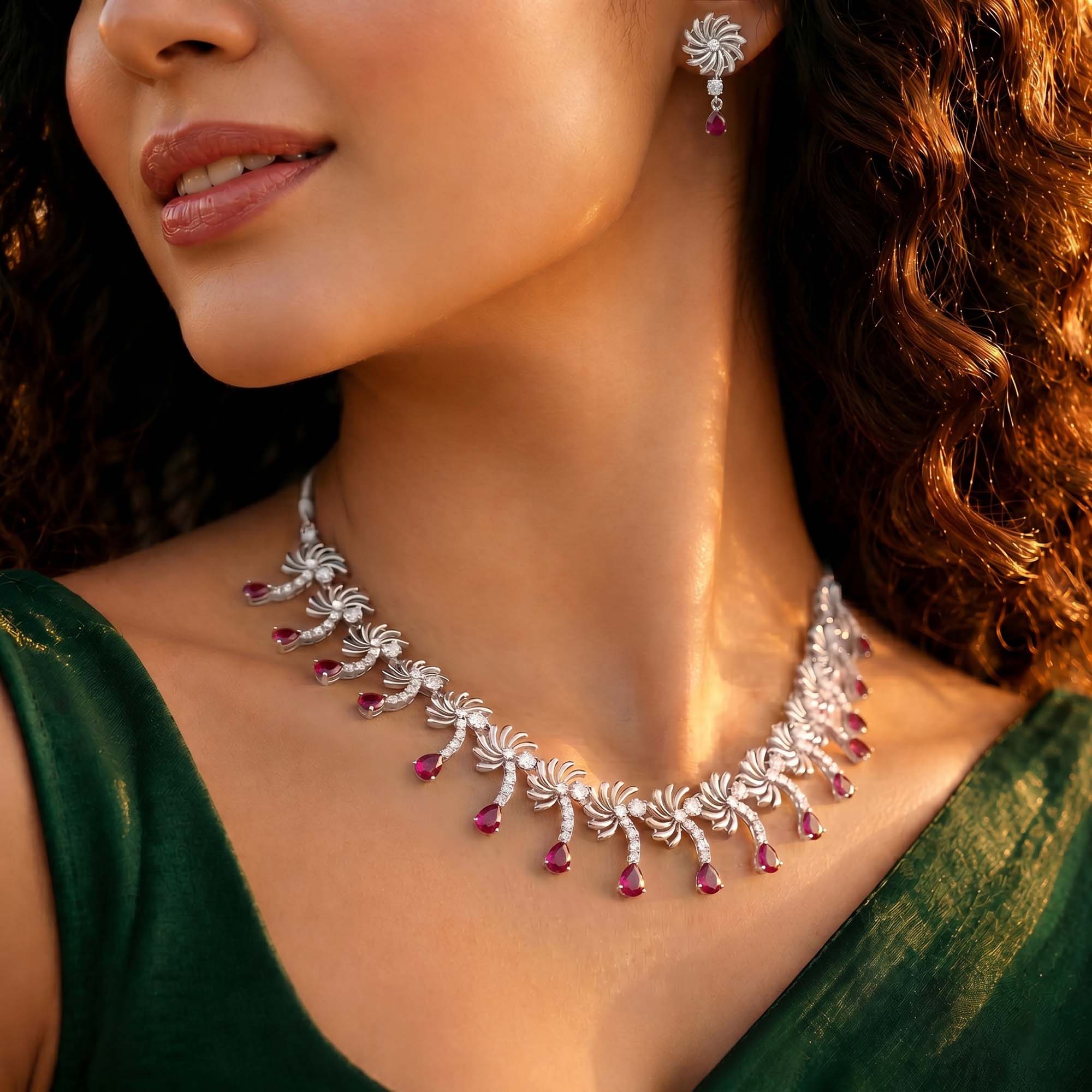 Lab-Grown Diamond and Ruby Necklace and Earring Set in 18K White Gold – 4.7 Ct Diamonds thumbnail