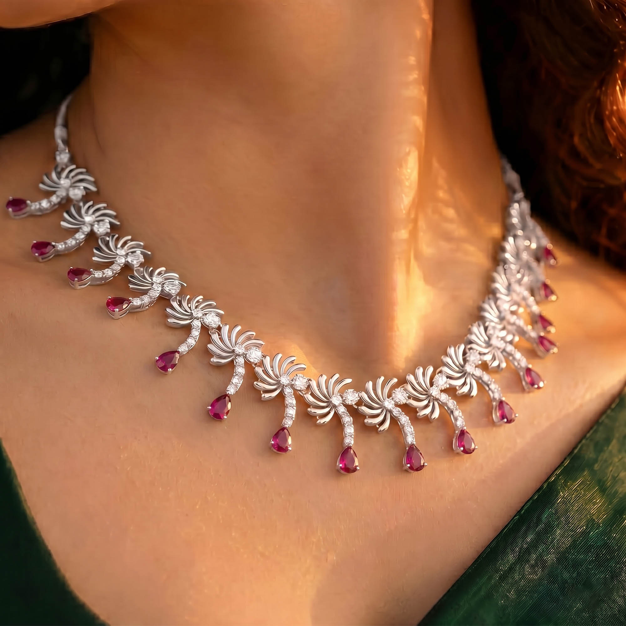 Lab-Grown Diamond and Ruby Necklace and Earring Set in 18K White Gold – 4.7 Ct Diamonds thumbnail