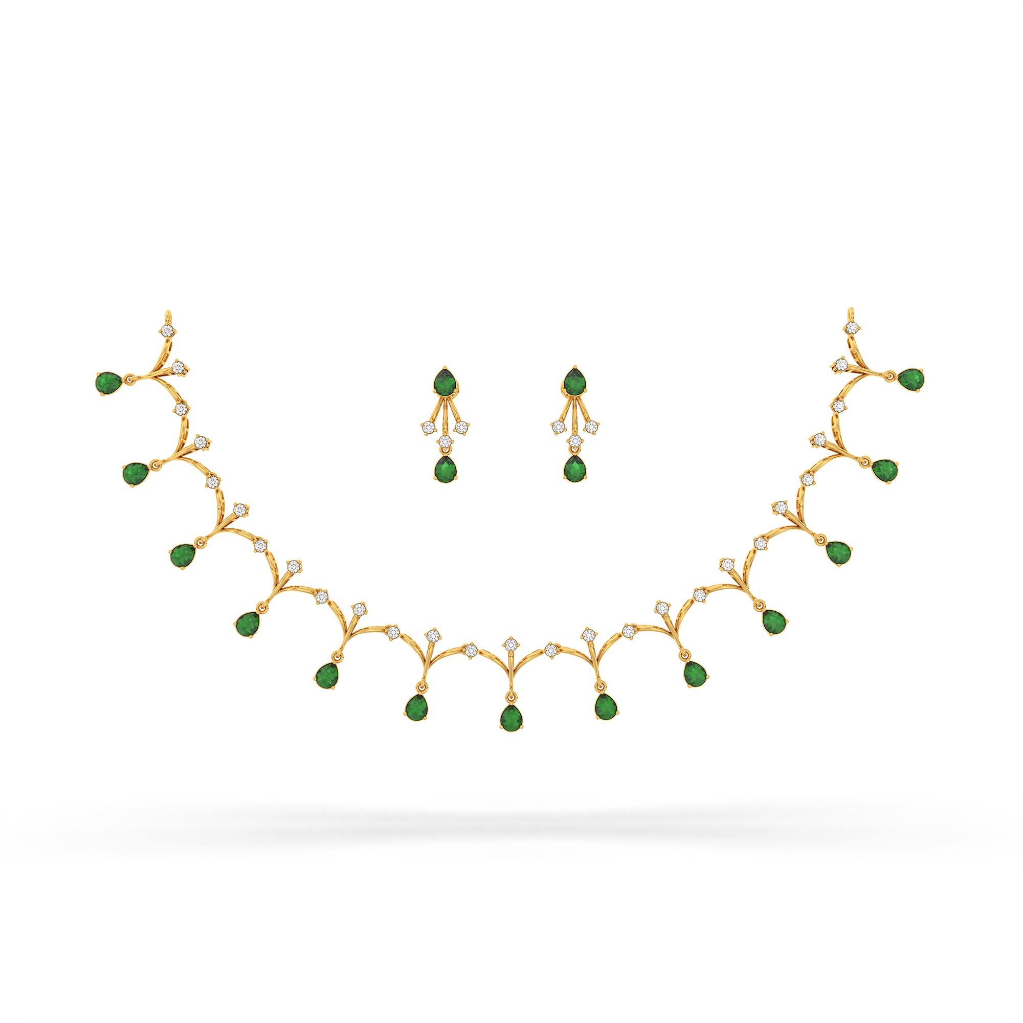 Lab-Grown Diamond and Emerald Necklace and Earring Set in 22K Yellow Gold – 1.16 Ct Diamonds thumbnail