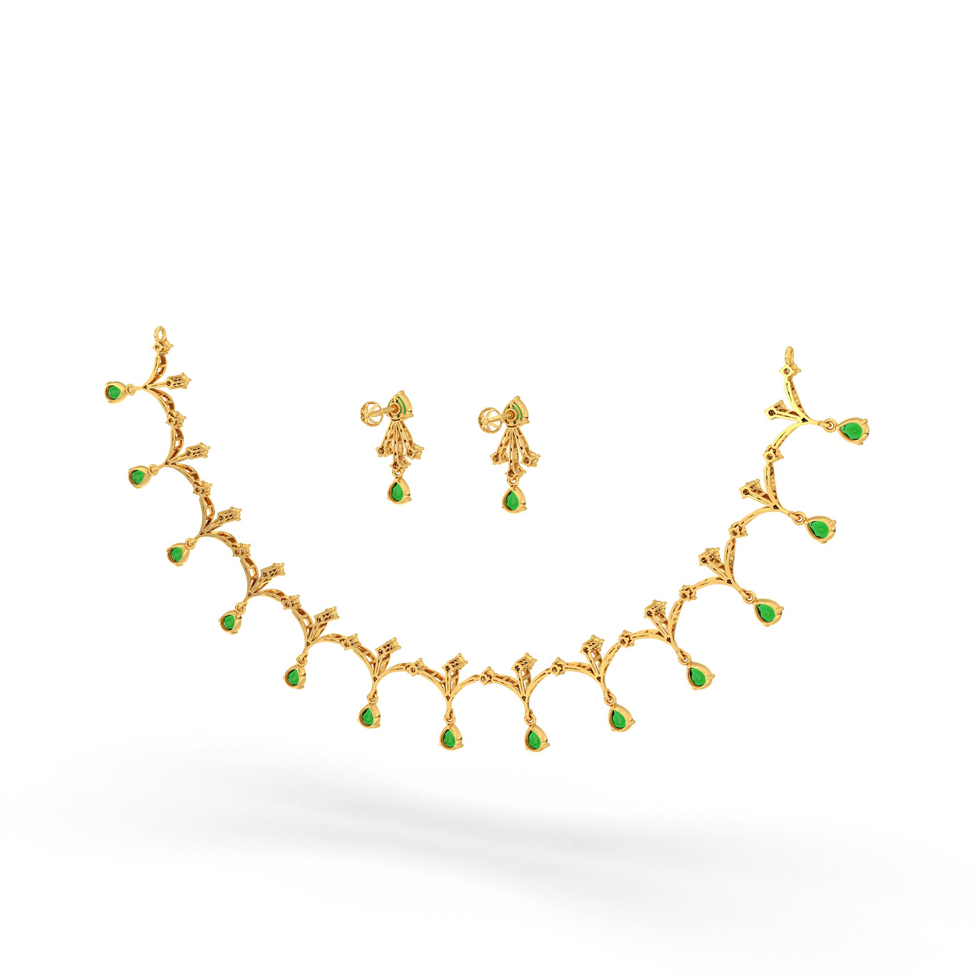 Lab-Grown Diamond and Emerald Necklace and Earring Set in 22K Yellow Gold – 1.16 Ct Diamonds thumbnail