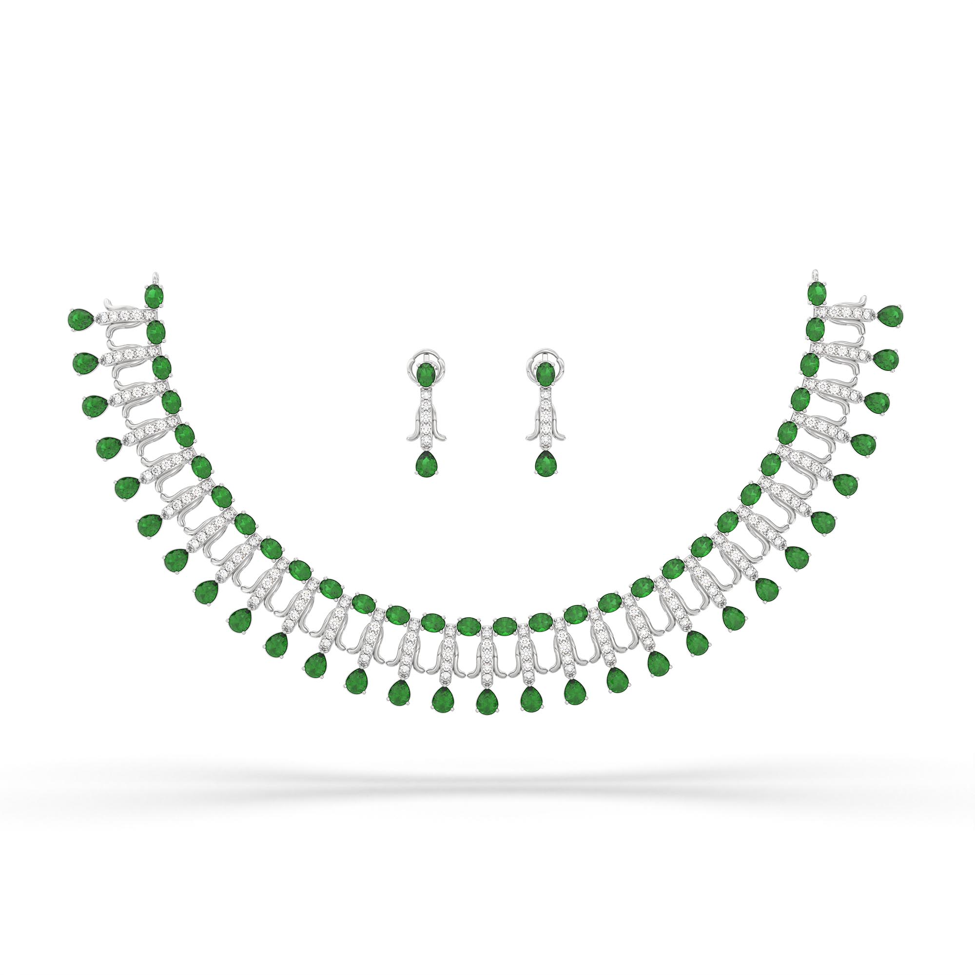 Lab-Grown Diamond and Emerald Necklace and Earring Set in 18K White Gold – 4.19 Ct Diamonds thumbnail