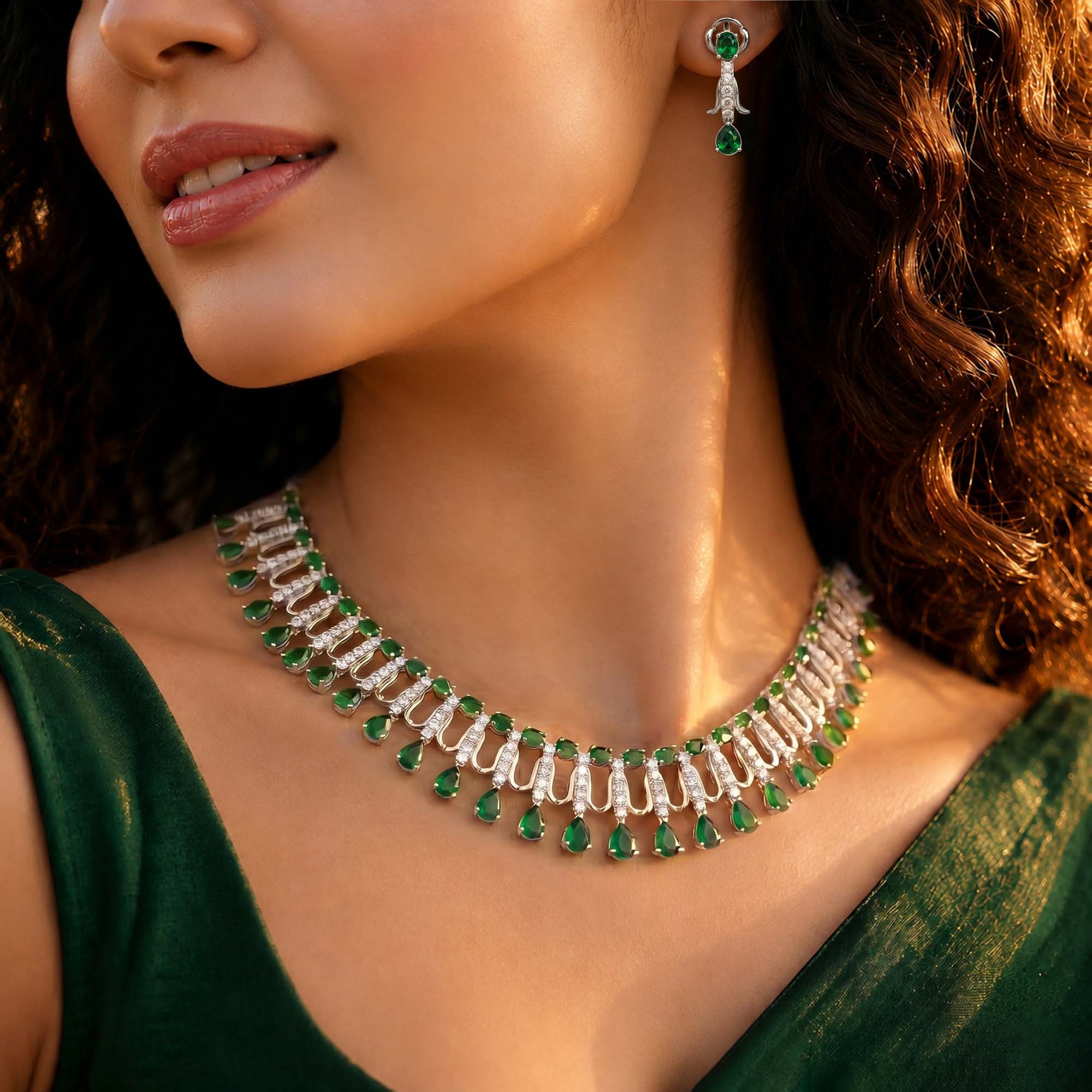 Lab-Grown Diamond and Emerald Necklace and Earring Set in 18K White Gold – 4.19 Ct Diamonds thumbnail