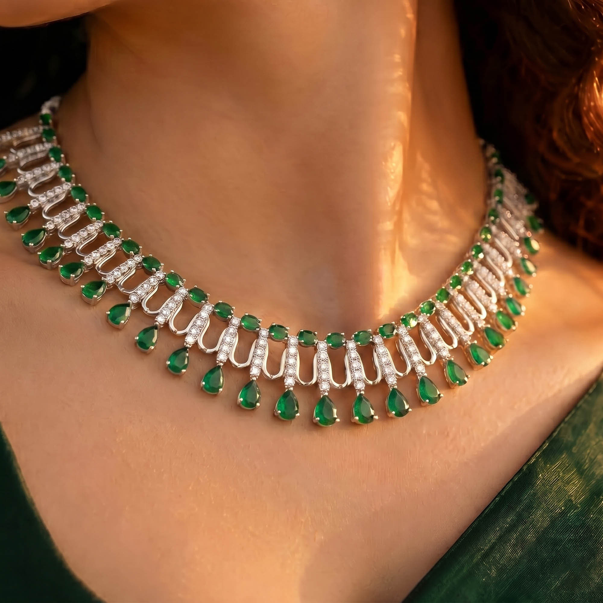 Lab-Grown Diamond and Emerald Necklace and Earring Set in 18K White Gold – 4.19 Ct Diamonds thumbnail