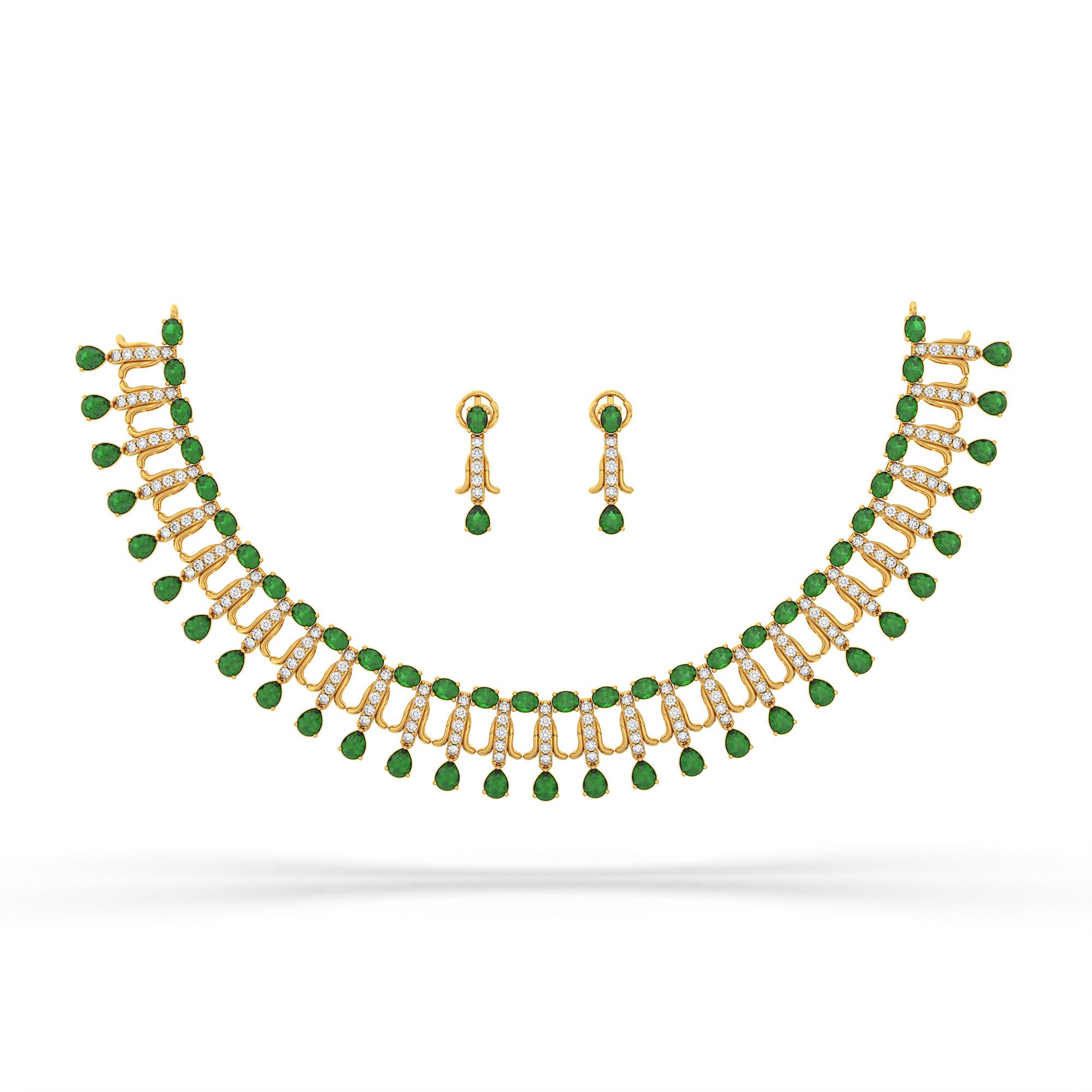 Lab-Grown Diamond and Emerald Necklace and Earring Set in 22K Yellow Gold – 4.19 Ct Diamonds thumbnail