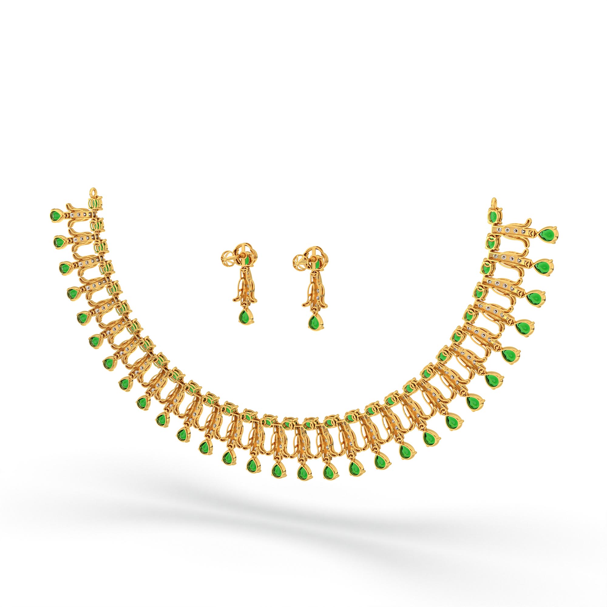 Lab-Grown Diamond and Emerald Necklace and Earring Set in 22K Yellow Gold – 4.19 Ct Diamonds thumbnail