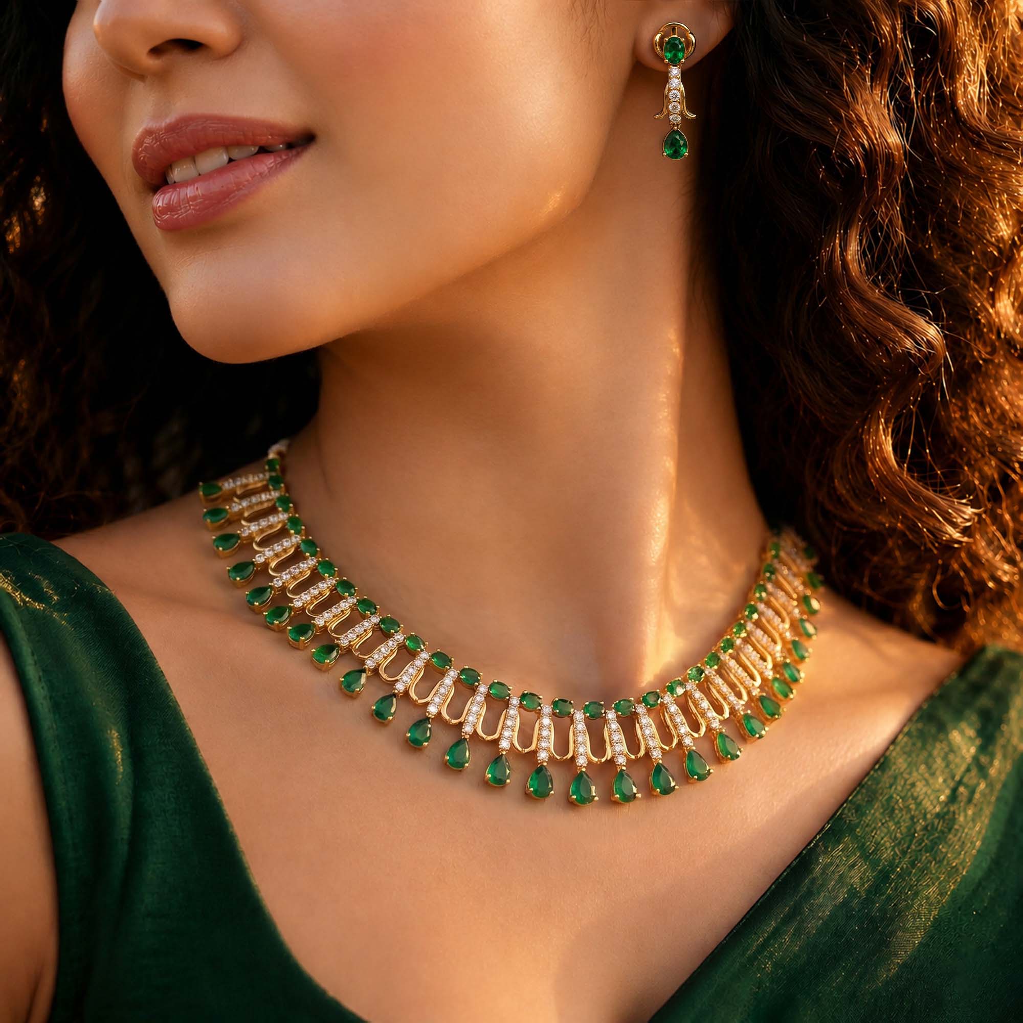 Lab-Grown Diamond and Emerald Necklace and Earring Set in 22K Yellow Gold – 4.19 Ct Diamonds thumbnail