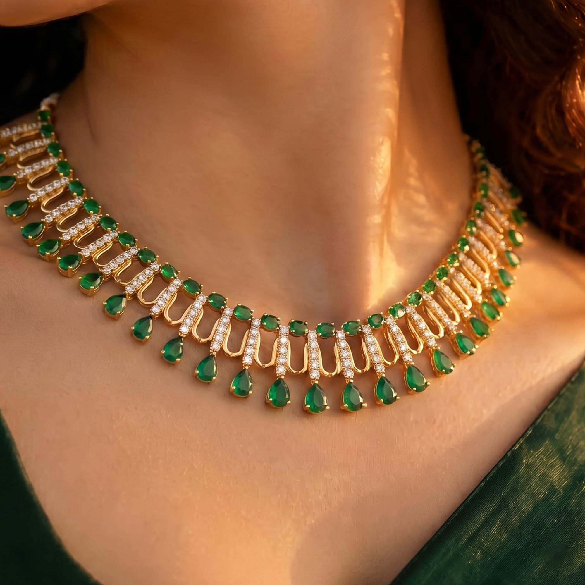 Lab-Grown Diamond and Emerald Necklace and Earring Set in 22K Yellow Gold – 4.19 Ct Diamonds thumbnail