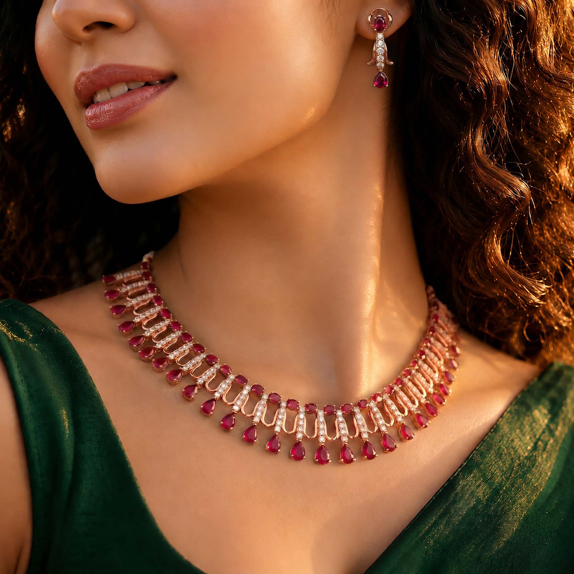 Lab-Grown Diamond and Ruby Necklace and Earring Set in 18K Rose Gold – 4.19 Ct Diamonds thumbnail