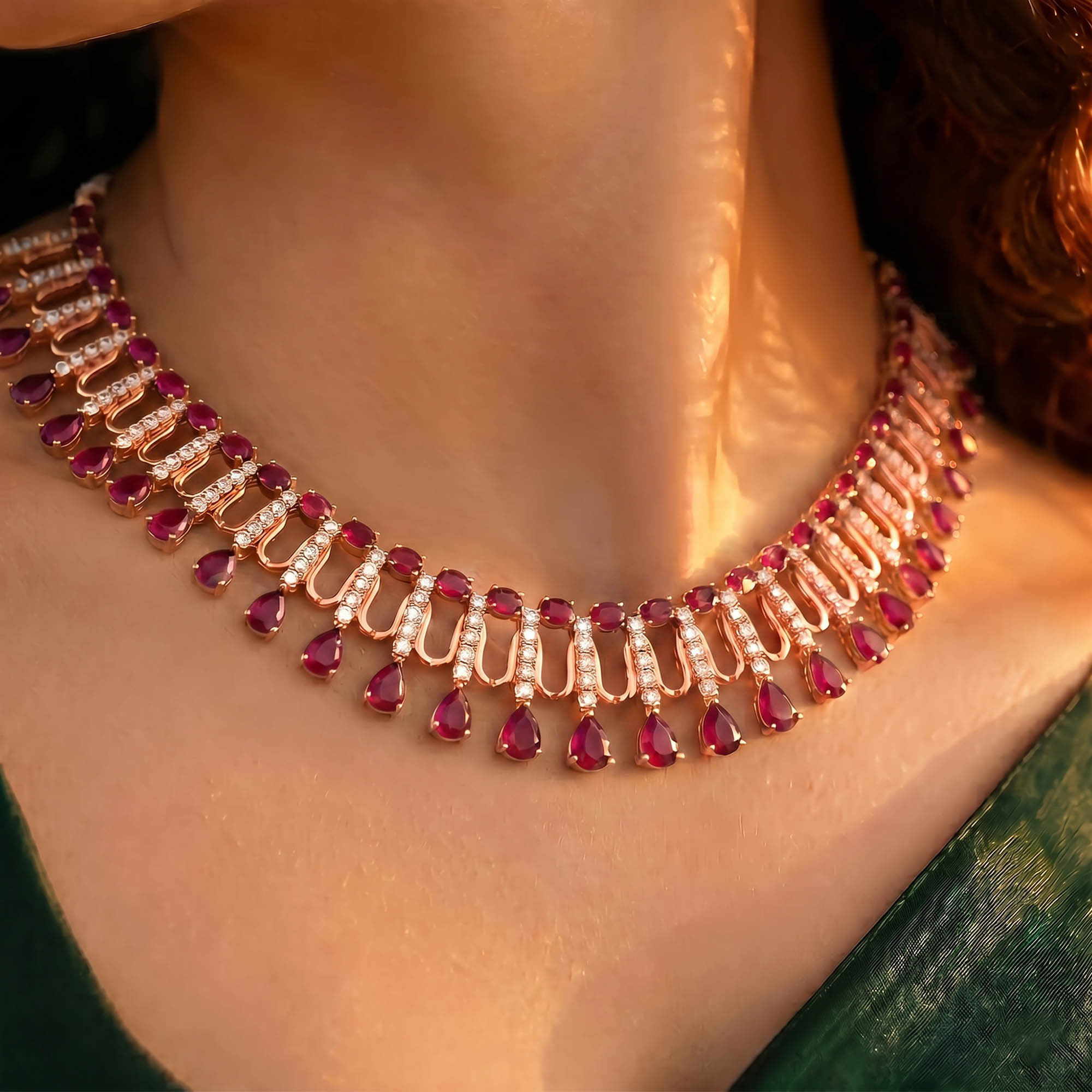 Lab-Grown Diamond and Ruby Necklace and Earring Set in 18K Rose Gold – 4.19 Ct Diamonds thumbnail
