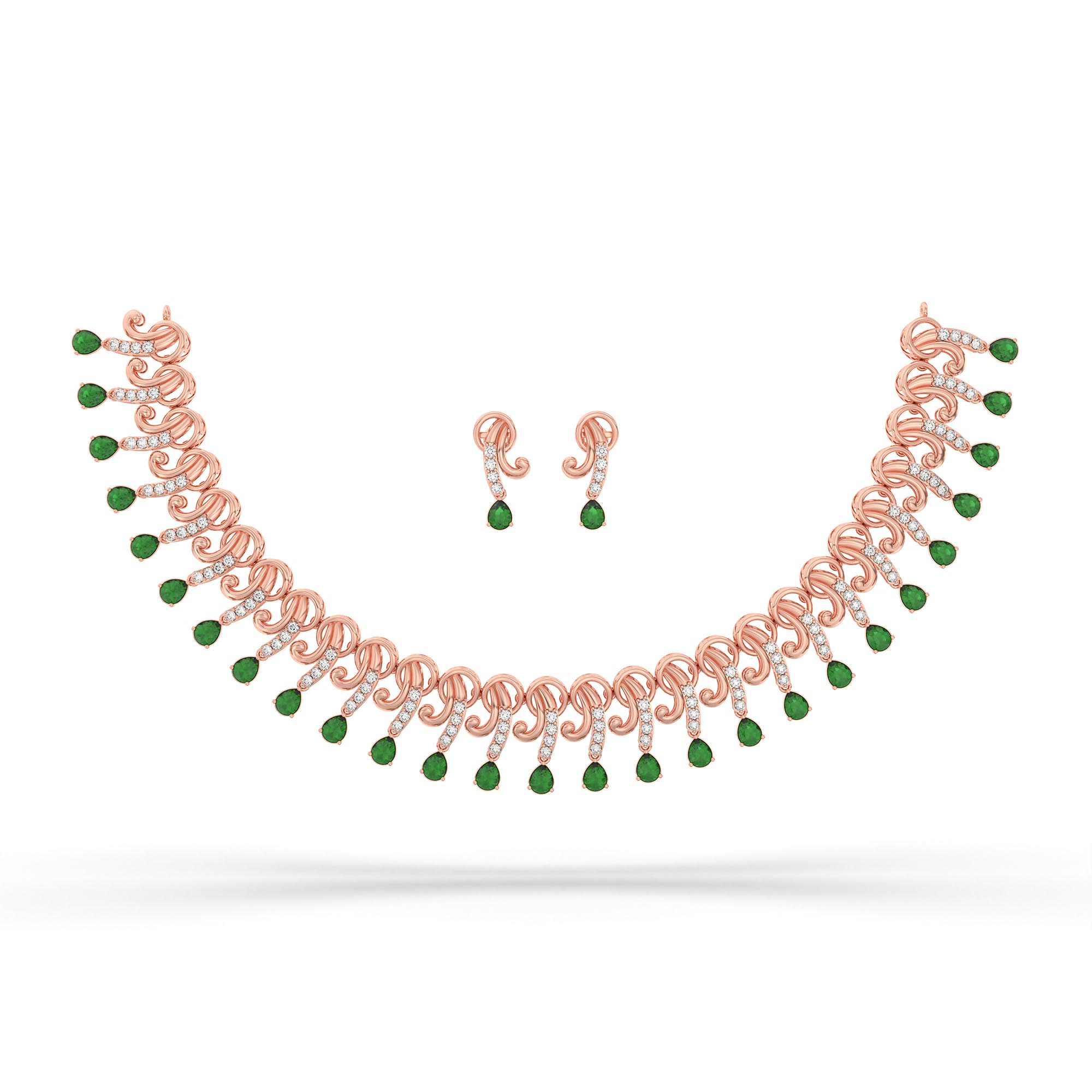 Lab-Grown Diamond and Emerald Necklace and Earring Set in 18K Rose Gold – 3.13 Ct Diamonds thumbnail
