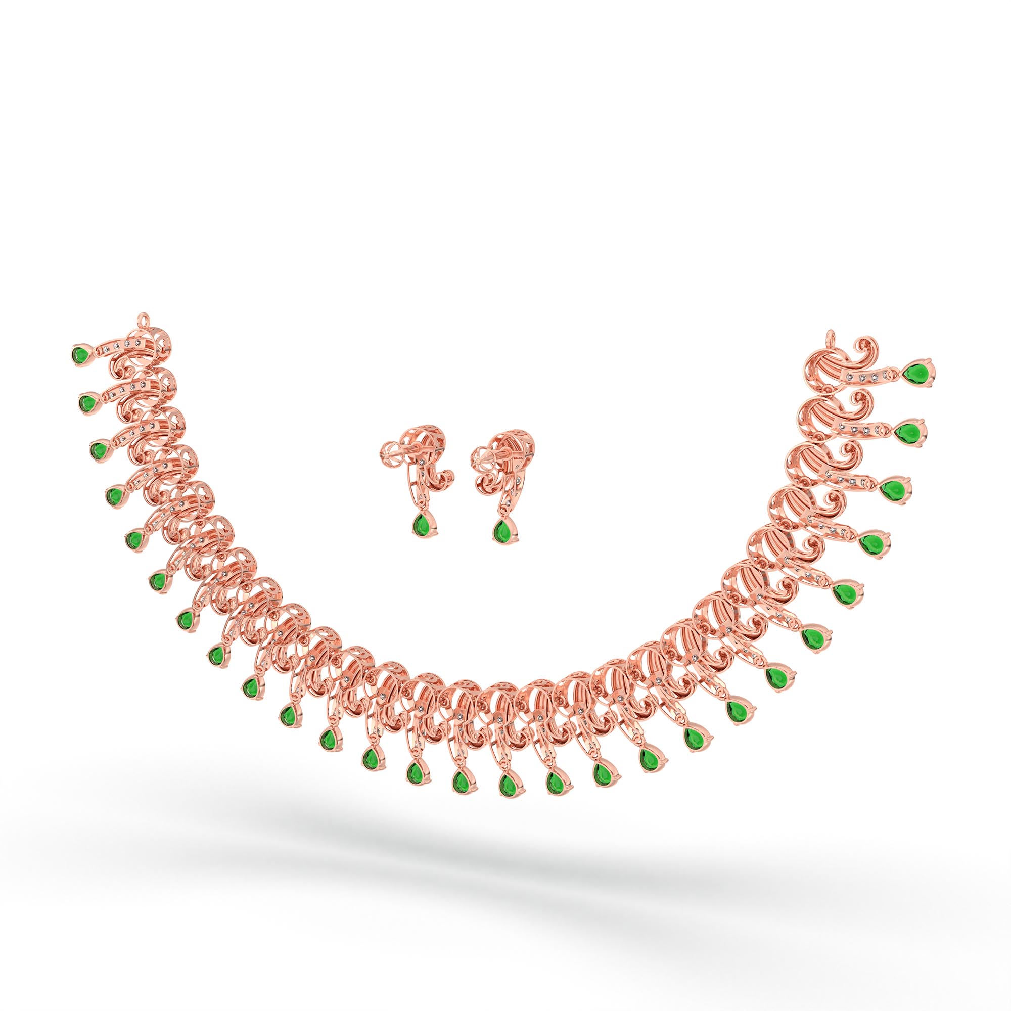 Lab-Grown Diamond and Emerald Necklace and Earring Set in 18K Rose Gold – 3.13 Ct Diamonds thumbnail