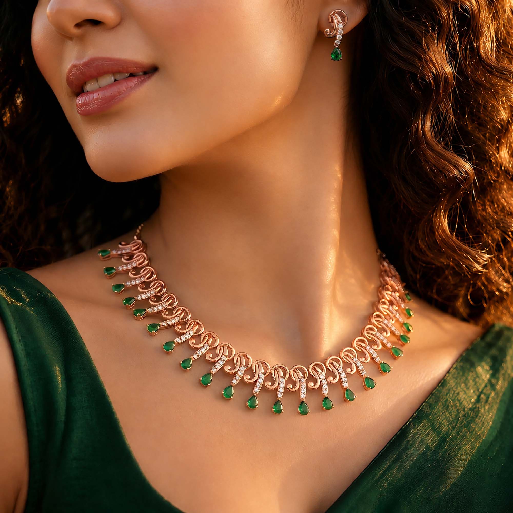Lab-Grown Diamond and Emerald Necklace and Earring Set in 18K Rose Gold – 3.13 Ct Diamonds thumbnail