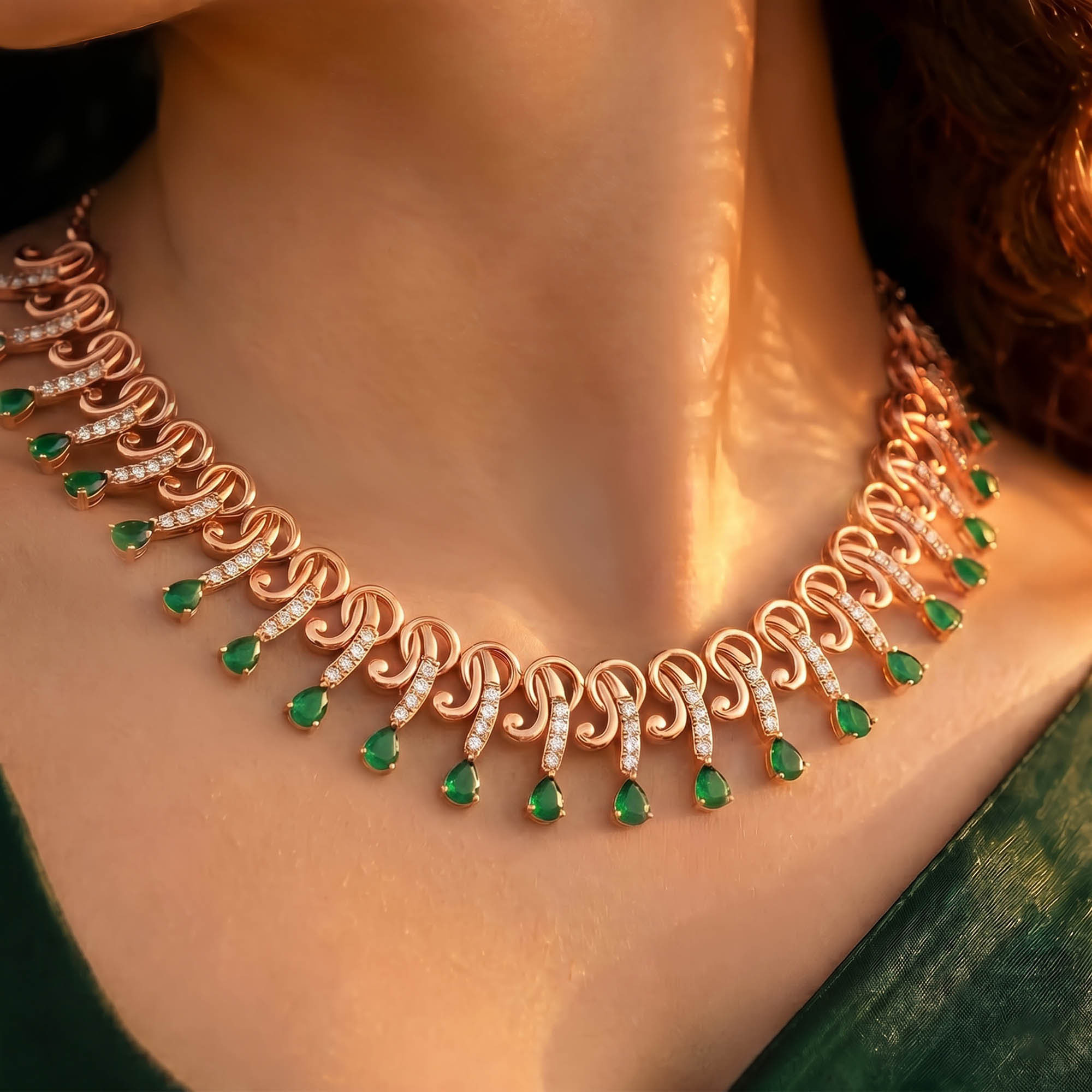 Lab-Grown Diamond and Emerald Necklace and Earring Set in 18K Rose Gold – 3.13 Ct Diamonds thumbnail