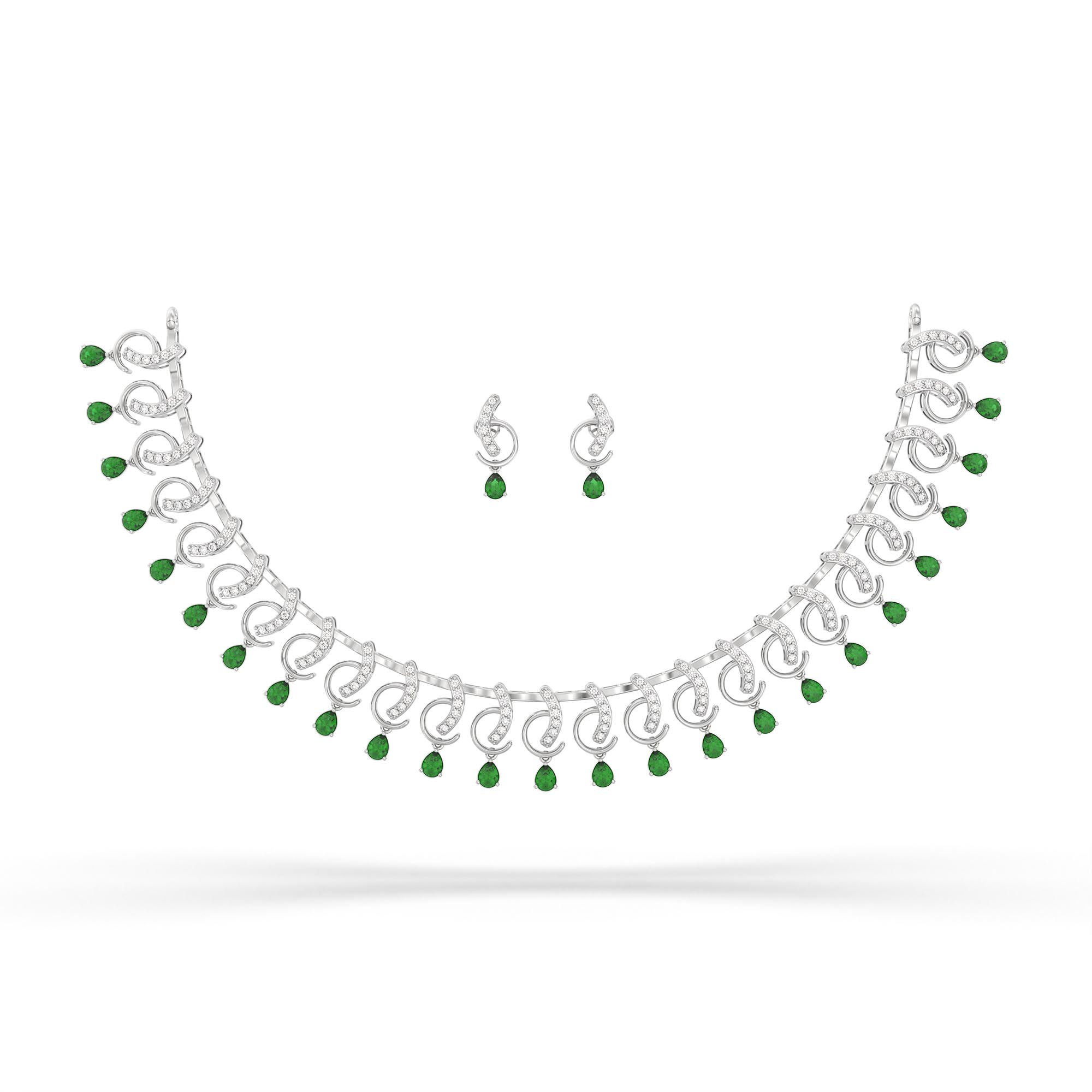 Lab-Grown Diamond and Emerald Necklace and Earring Set in 18K White Gold – 1.92 Ct Diamonds thumbnail