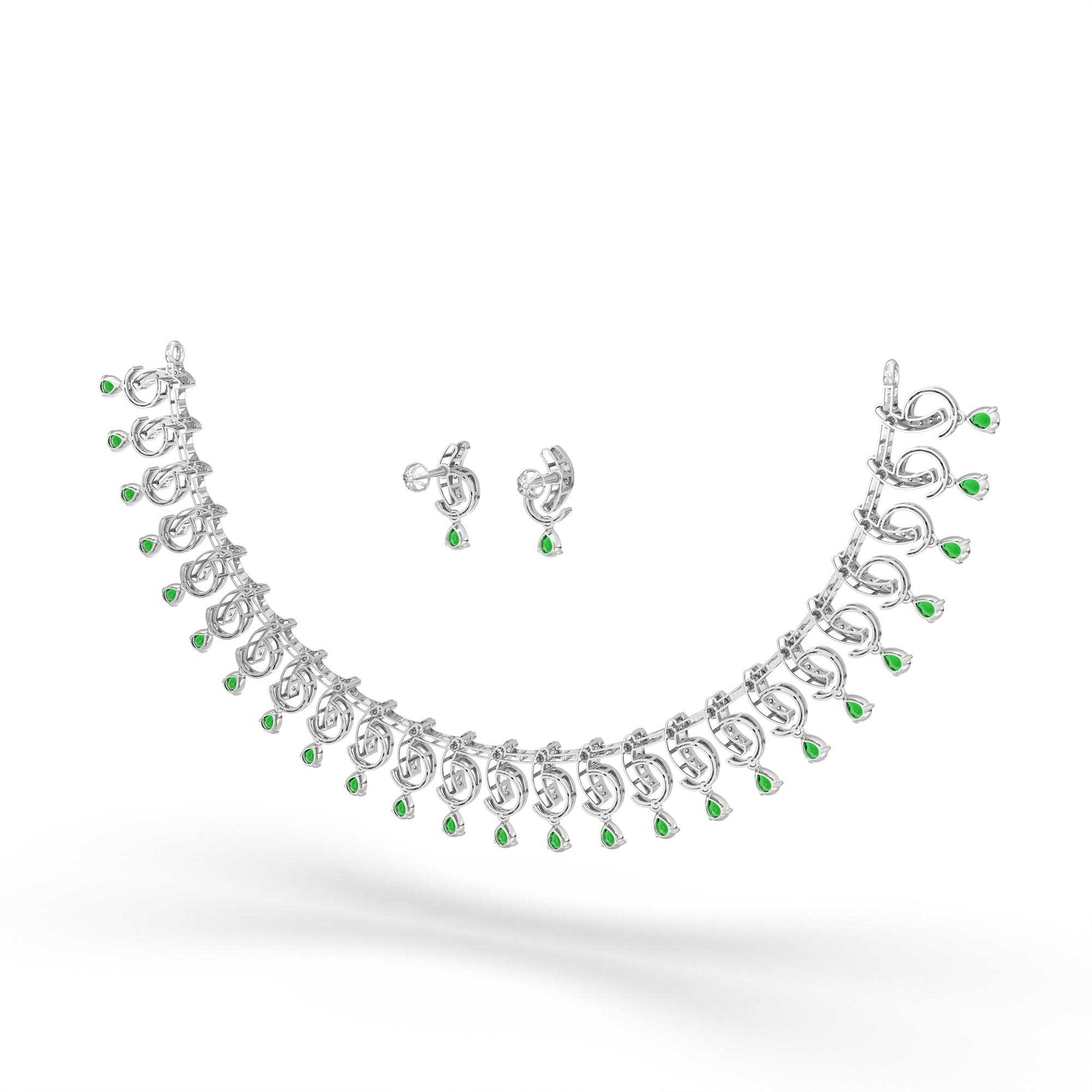 Lab-Grown Diamond and Emerald Necklace and Earring Set in 18K White Gold – 1.92 Ct Diamonds thumbnail