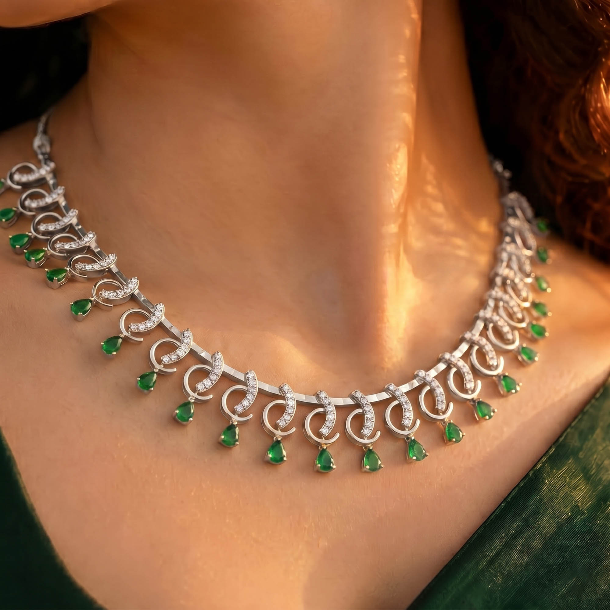 Lab-Grown Diamond and Emerald Necklace and Earring Set in 18K White Gold – 1.92 Ct Diamonds thumbnail