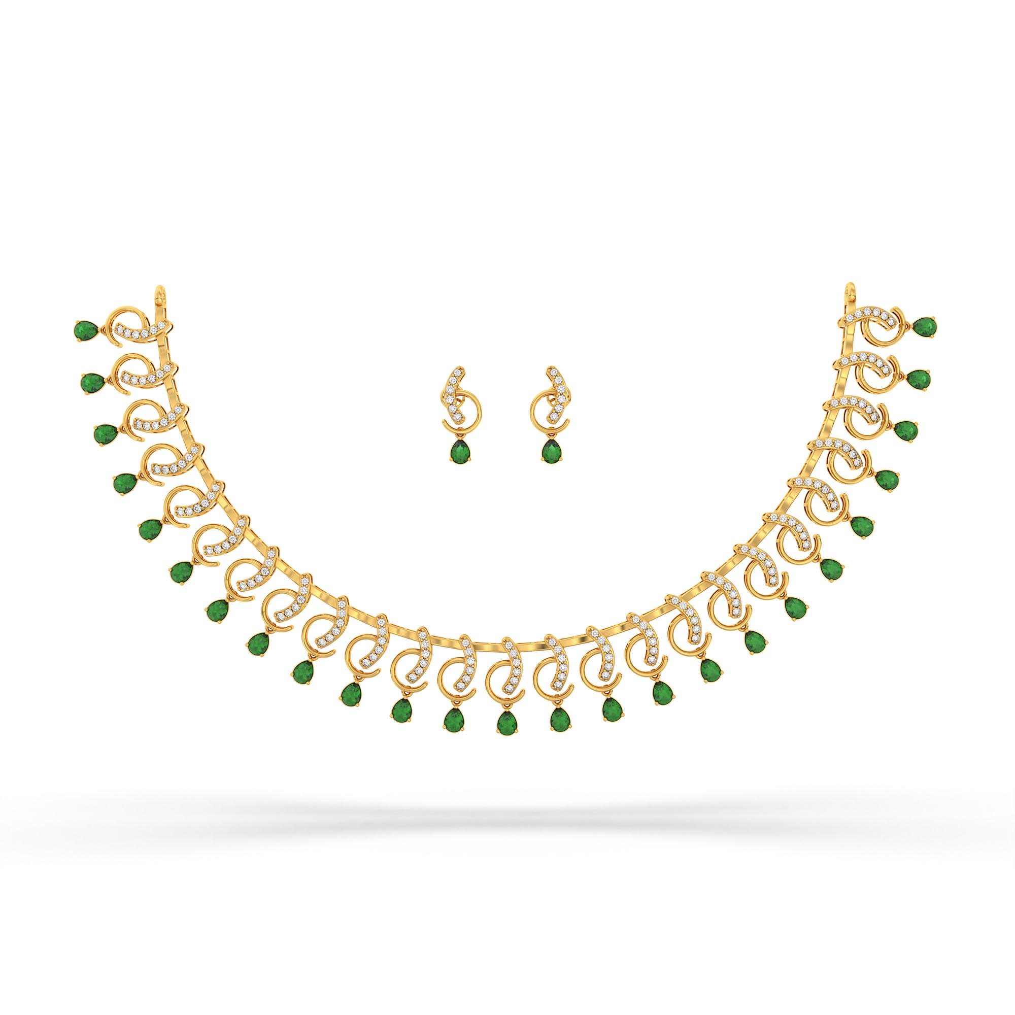 Lab-Grown Diamond and Emerald Necklace and Earring Set in 22K Yellow Gold – 1.92 Ct Diamonds thumbnail