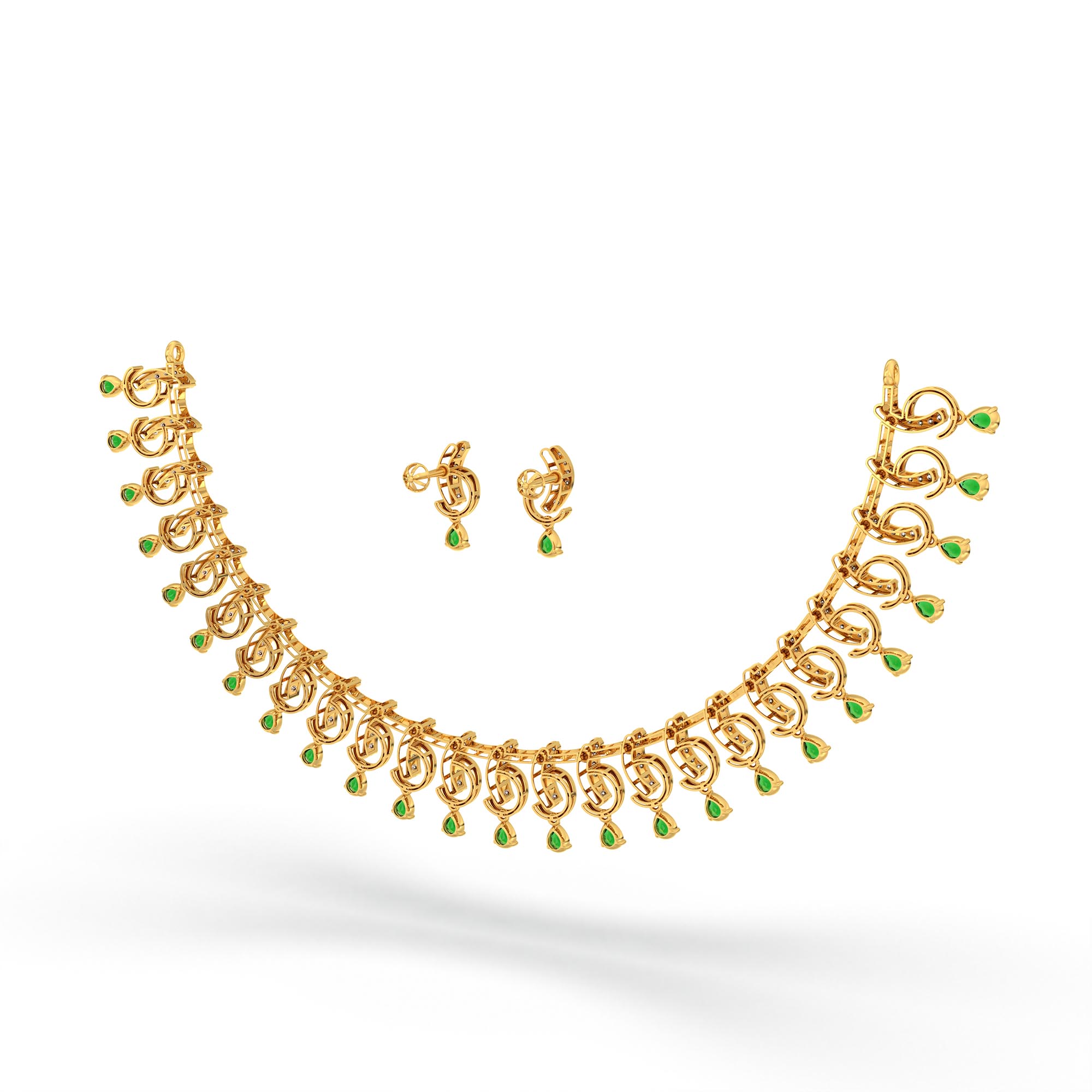 Lab-Grown Diamond and Emerald Necklace and Earring Set in 22K Yellow Gold – 1.92 Ct Diamonds thumbnail