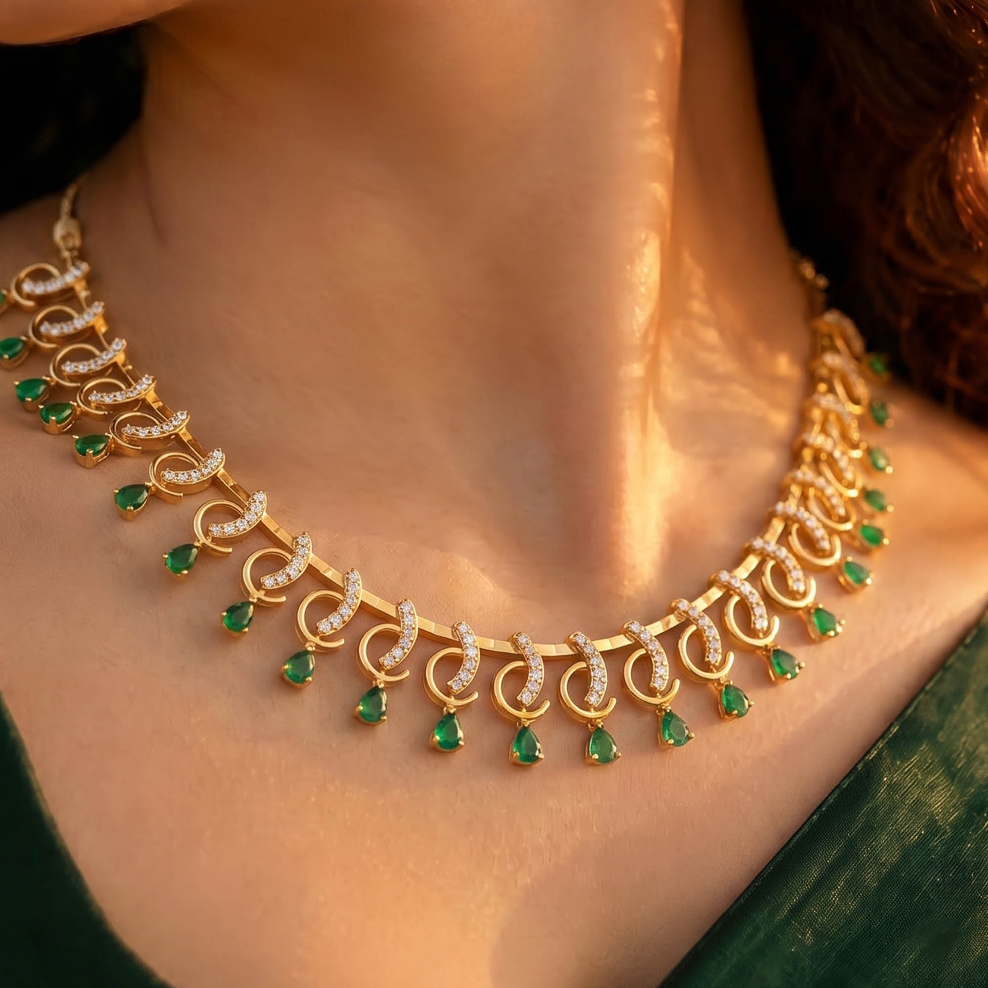 Lab-Grown Diamond and Emerald Necklace and Earring Set in 22K Yellow Gold – 1.92 Ct Diamonds thumbnail