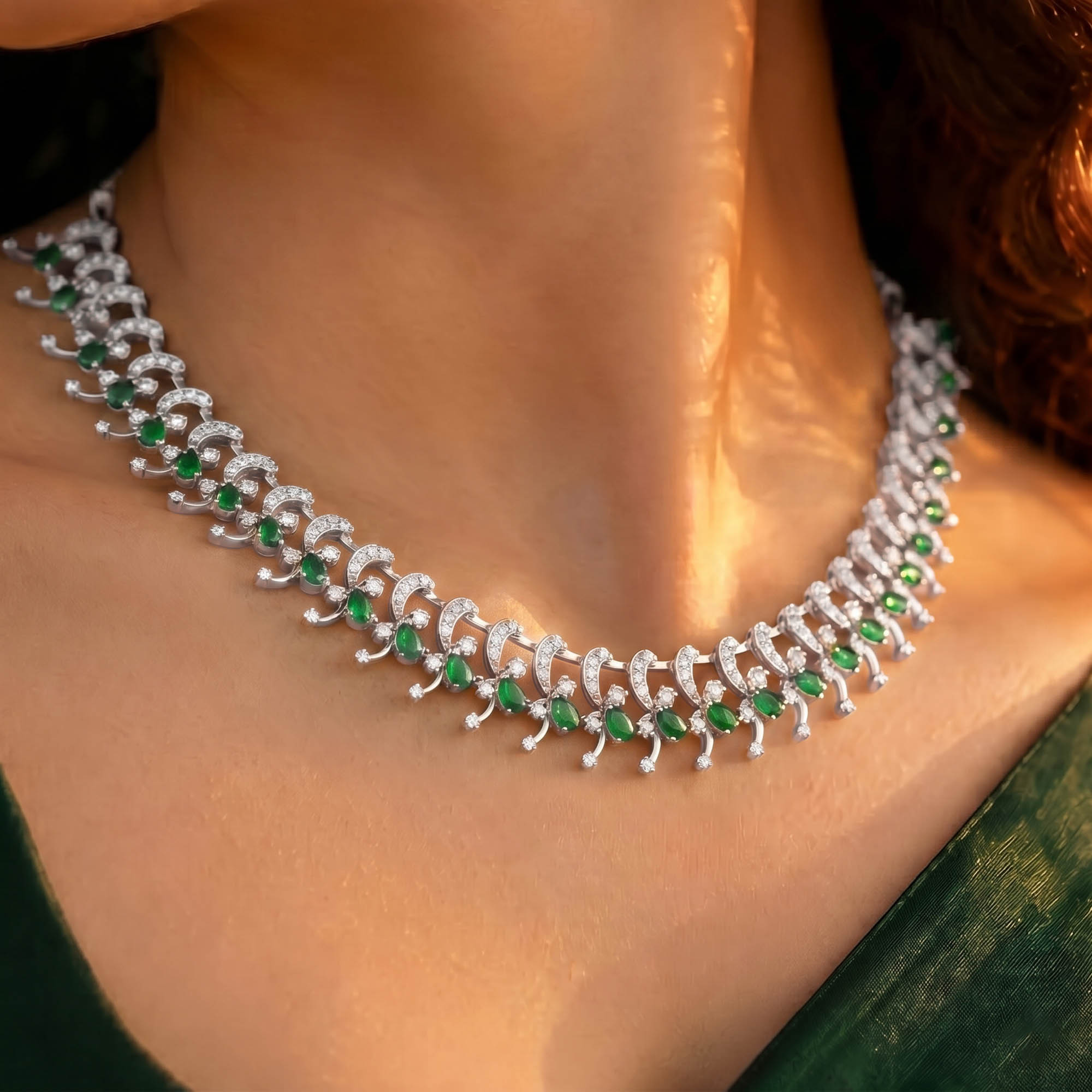 Lab-Grown Diamond and Emerald Necklace and Earring Set in 18K White Gold – 3.75 Ct Diamonds thumbnail