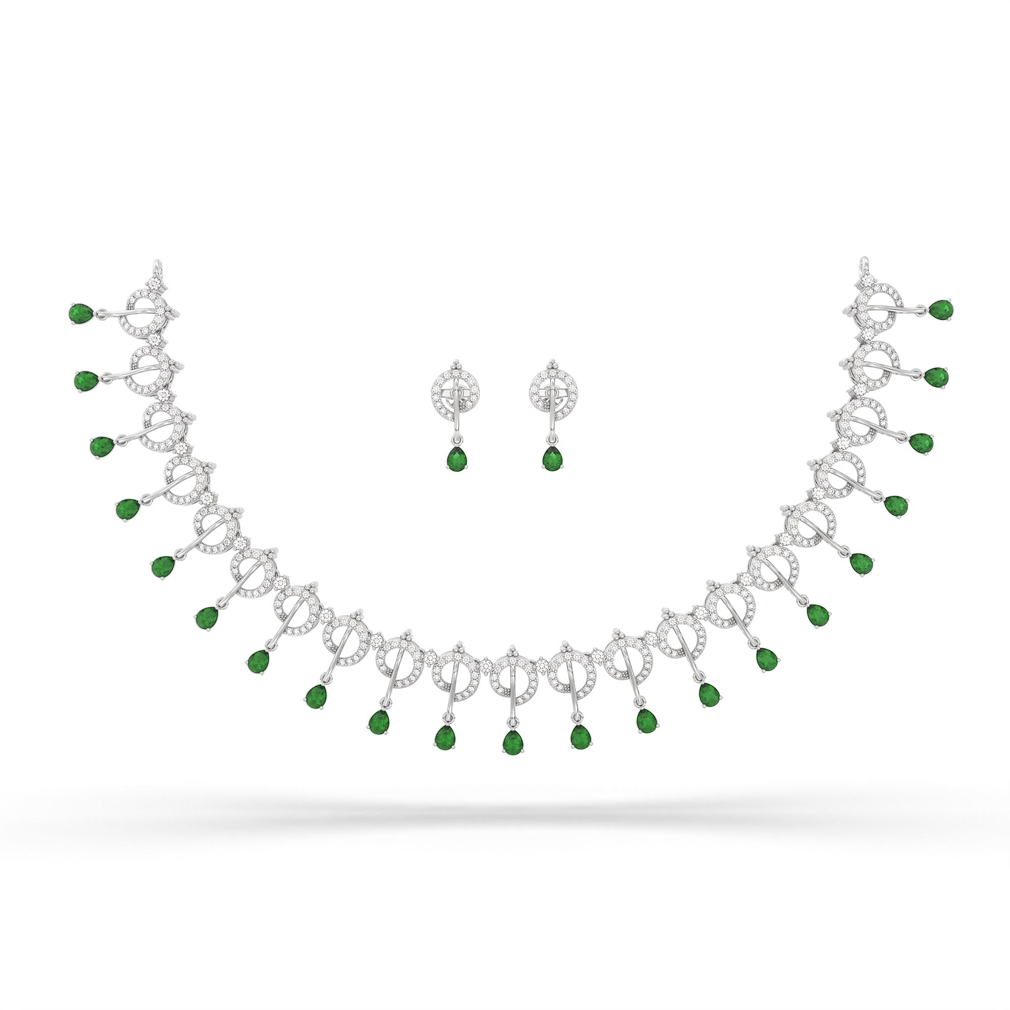 Lab-Grown Diamond and Emerald Necklace and Earring Set in 18K White Gold – 3.46 Ct Diamonds thumbnail