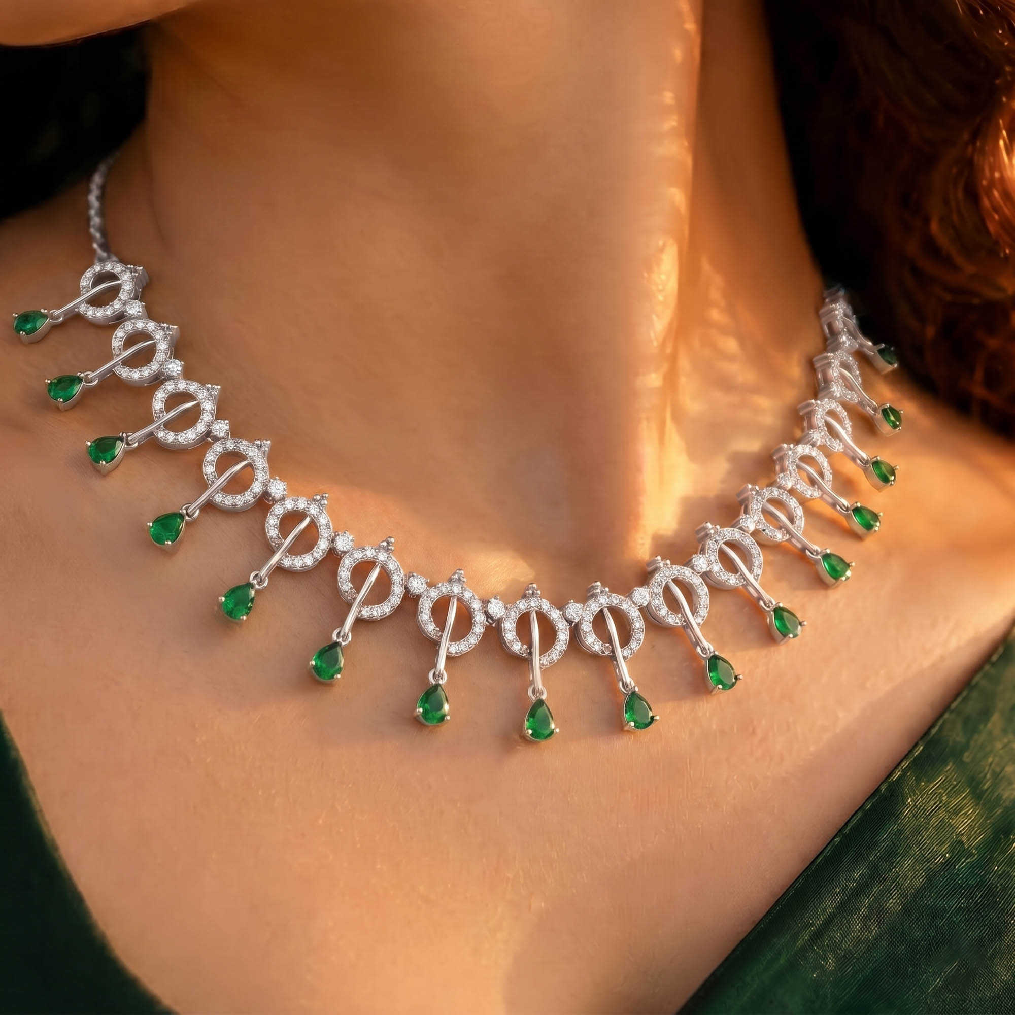 Lab-Grown Diamond and Emerald Necklace and Earring Set in 18K White Gold – 3.46 Ct Diamonds thumbnail