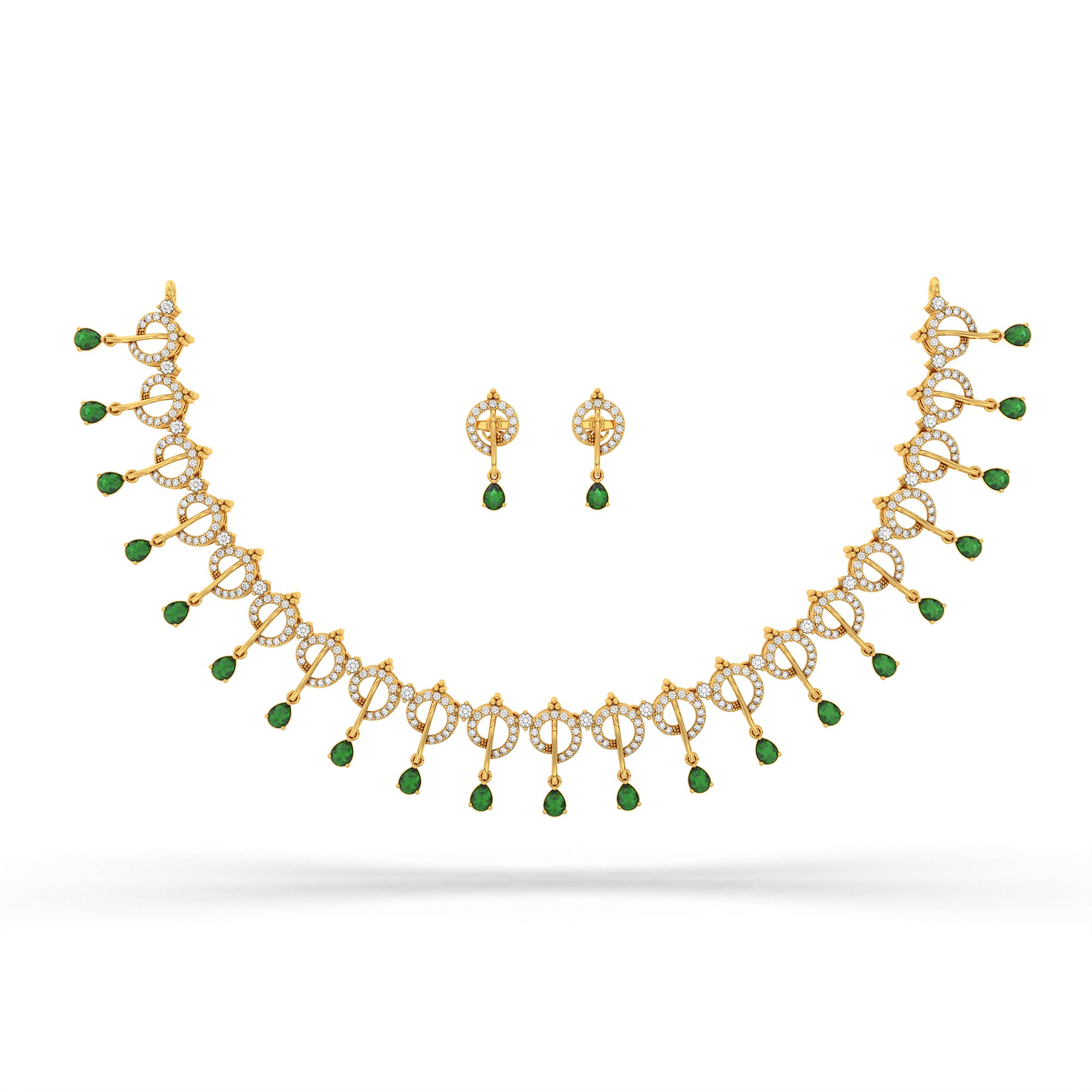 Lab-Grown Diamond and Emerald Necklace and Earring Set in 22K Yellow Gold – 3.46 Ct Diamonds thumbnail