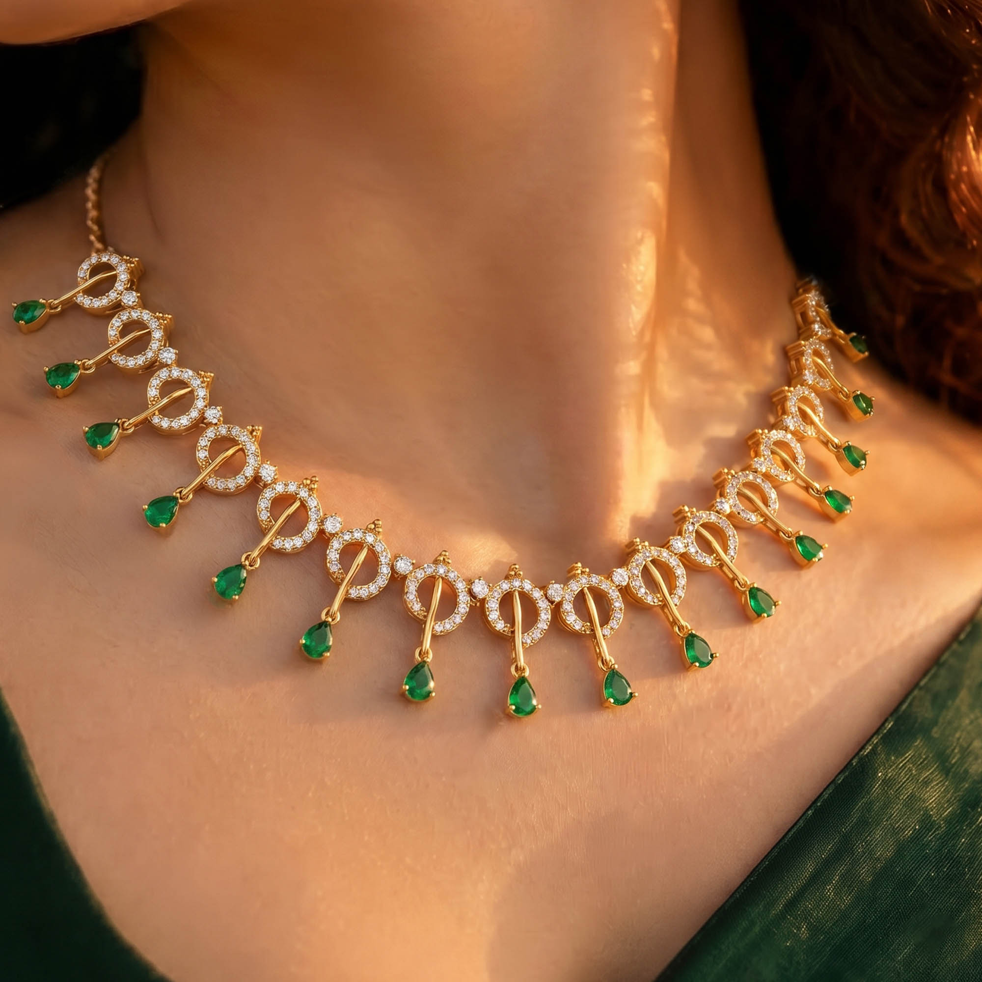 Lab-Grown Diamond and Emerald Necklace and Earring Set in 22K Yellow Gold – 3.46 Ct Diamonds thumbnail